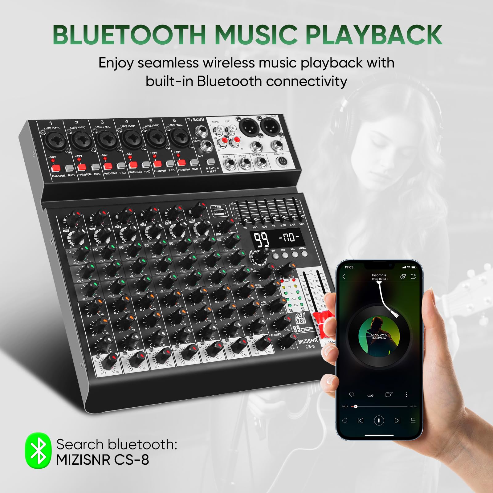 Audio-Mixer, 8-K-Sound-Mixer-Konsole, professionelles Musik-Mischpult, DJ-Mixer mit 99 DSP, 7-Band-EQ, USB, Bluetooth, 48 V Phantomspeisung & PAD-Funktion für Aufnahme von