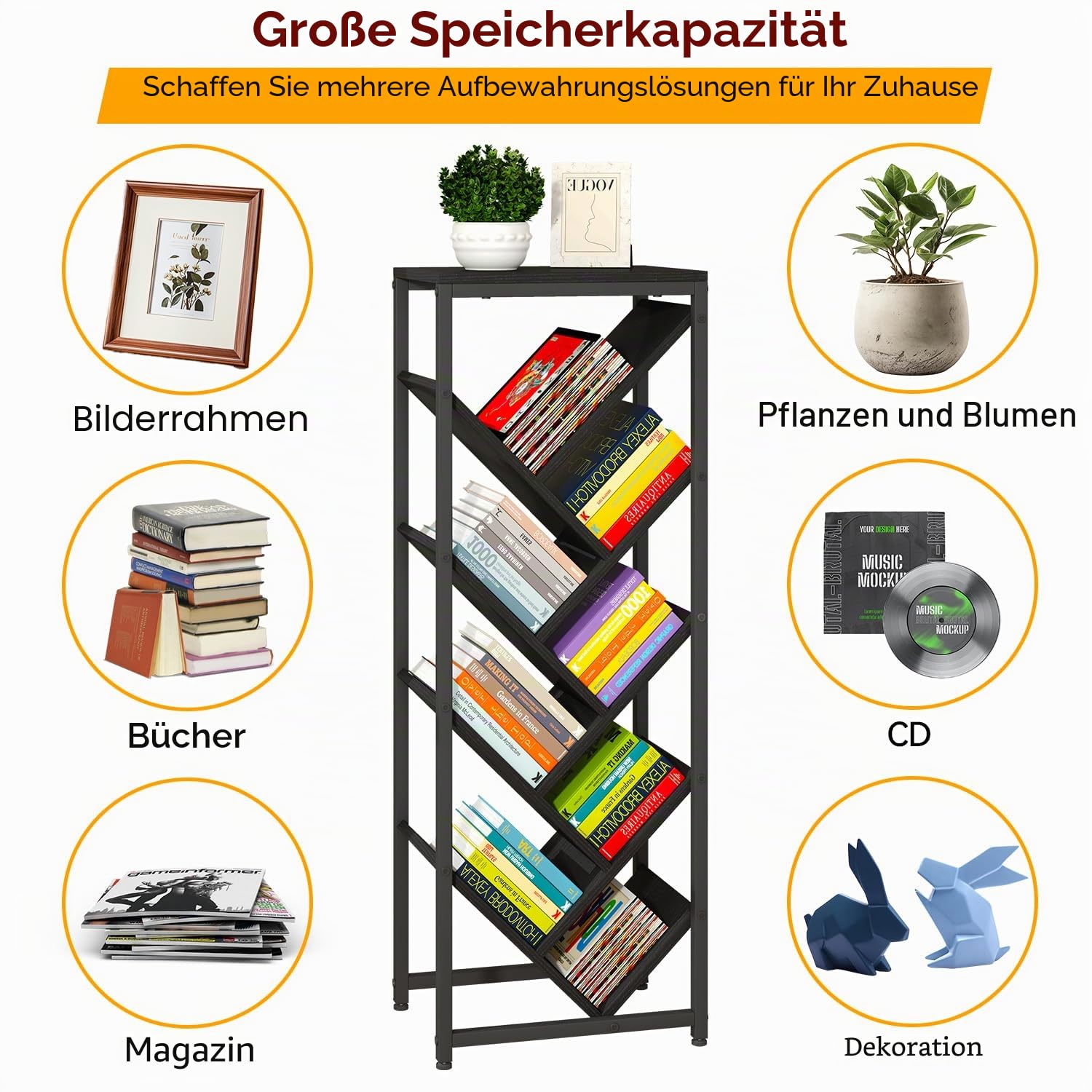 IBUYKE Bücherregal Baumform 9 Ebenen,Standregal Holz,Schwarz TBC002B