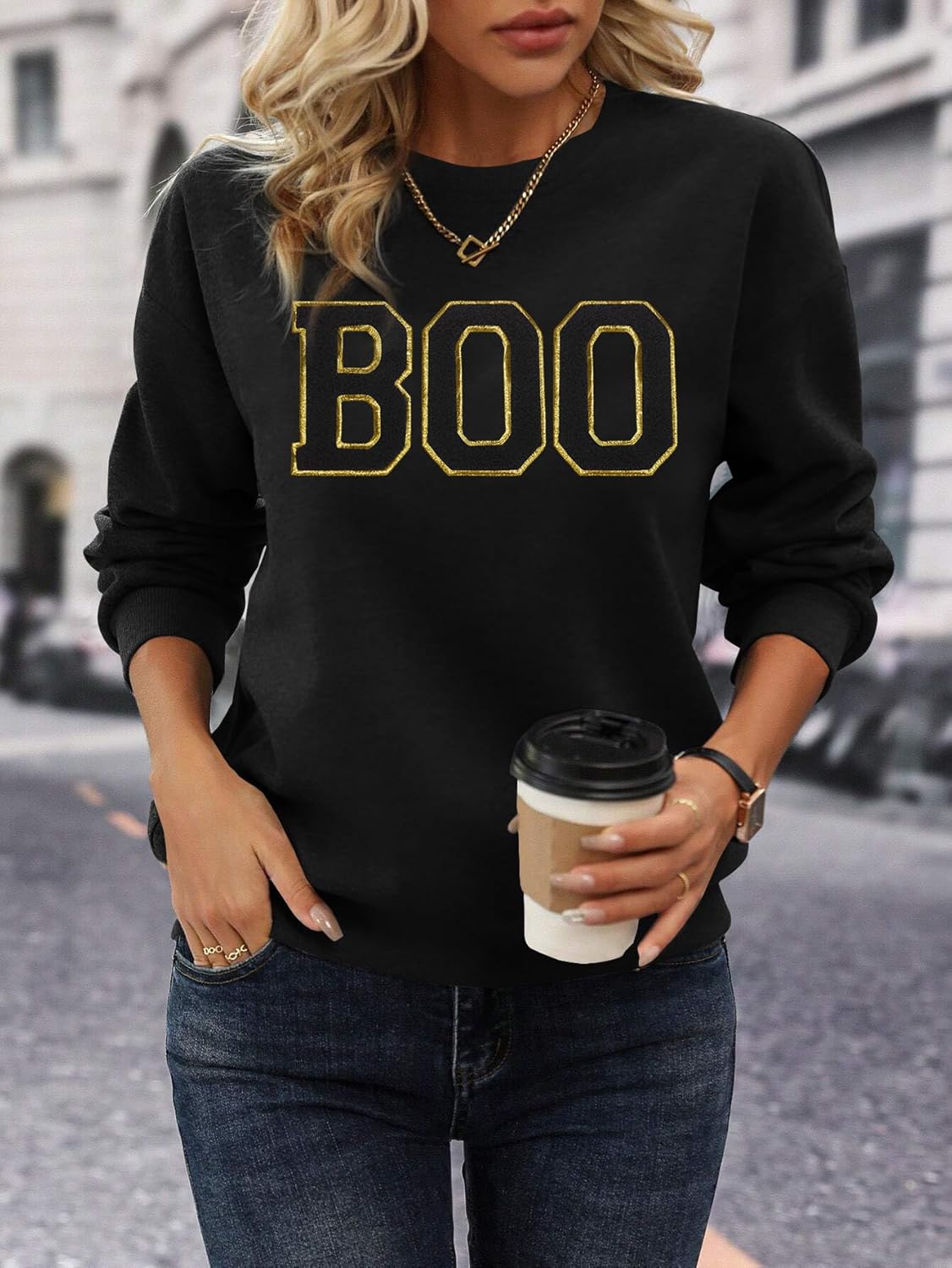 Halloween Sweatshirt for Women Cute BOO Graphic Shirt Crewneck Embroidered Ghost Pullover Sweater Tops - Image 3