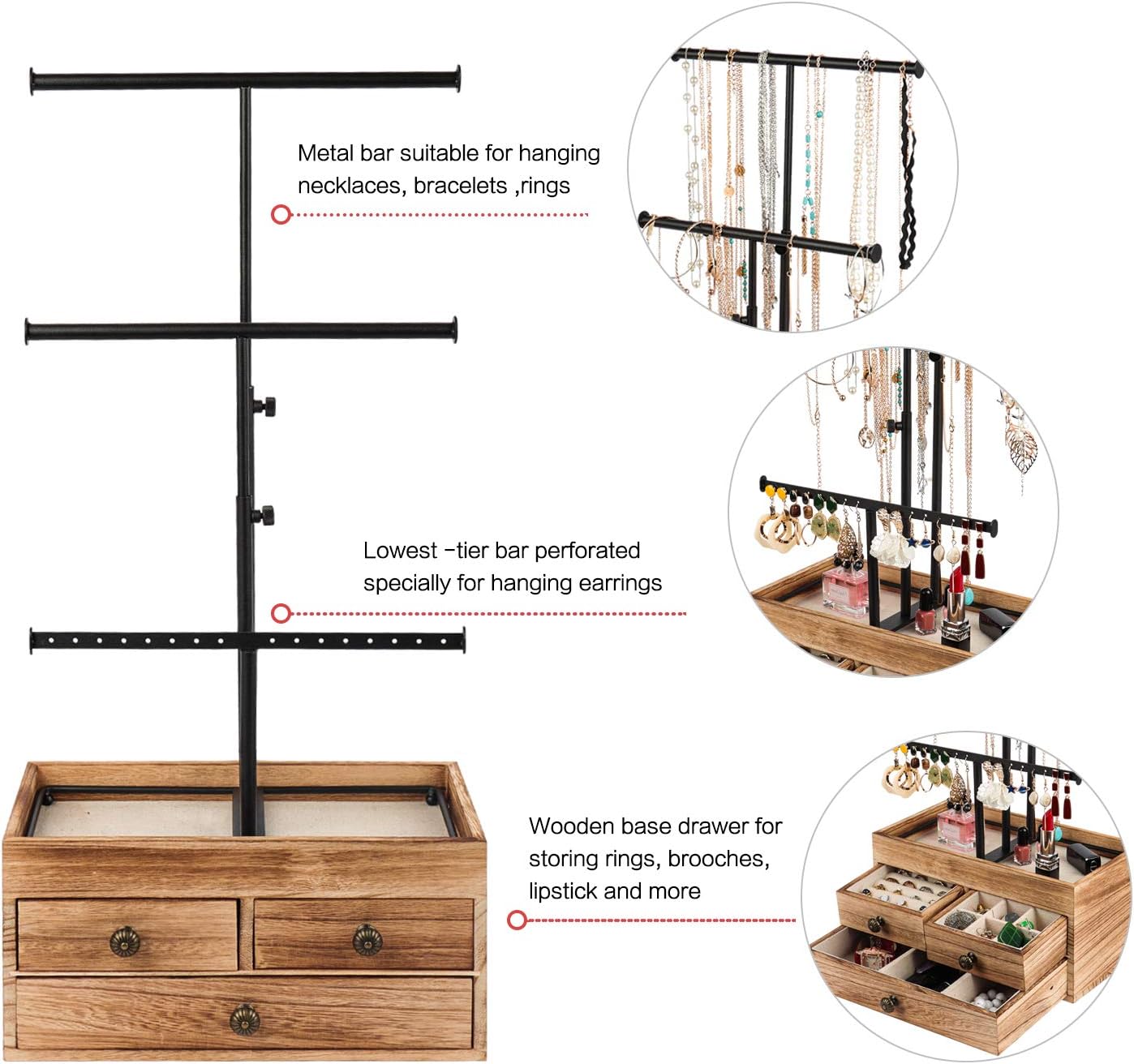 X-cosrack Jewelry Tree Stand Organizer 3 Tier Metal Jewelry Holder Stand with Wood Basic Storage Box, Adjustable Height Holder Display for Necklaces Earrings Bracelets and Rings, Carbonized Black : Clothing, Shoes & Jewelry