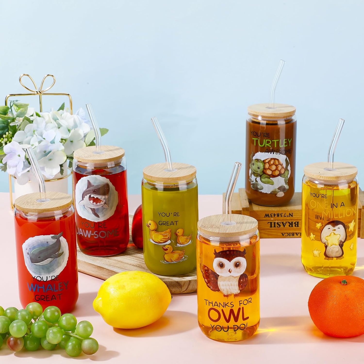 Tioncy 12 Pcs Employee Appreciation Gifts Thank You Gifts for Staff Coworker 16 oz Animal Pun Glass Inspirational Can Drinking Cups with Lids Straws for Christmas Colleagues Coworkers Teacher Nurse