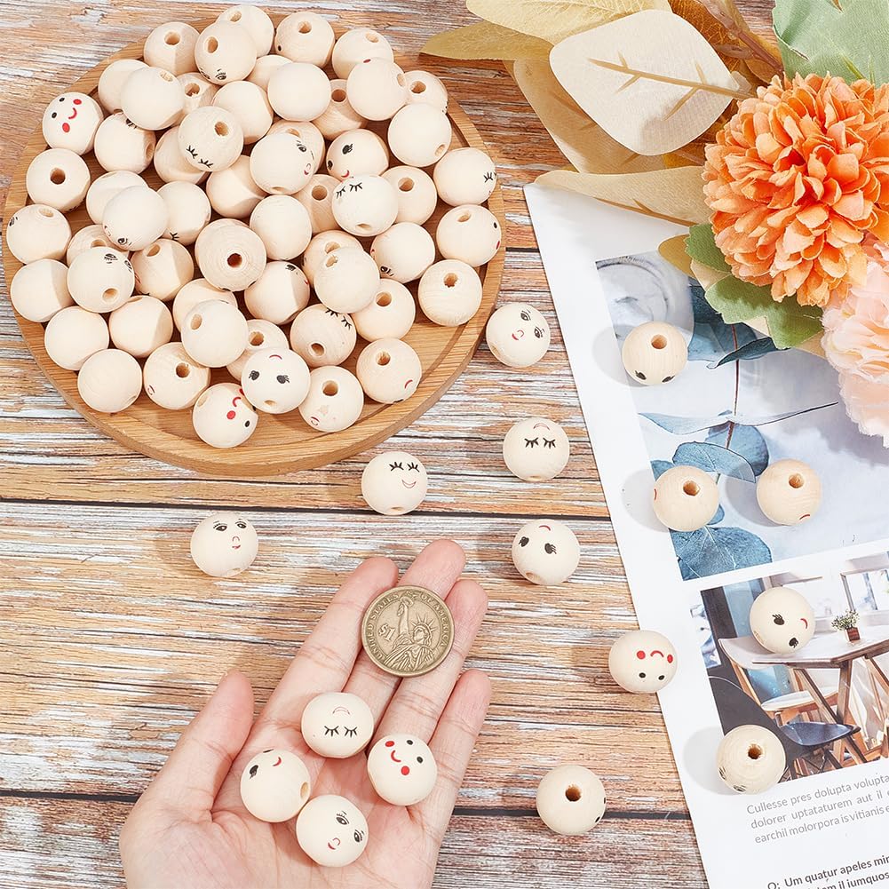 GORGECRAFT 100Pcs 4 Styles Smile Wooden Beads 20mm Natural Wood Beads Round Ball Doll Head Beads with 4.7mm Hole Laughing Face Printed Loose Beads for DIY Craft Jewelry Making Christmas Decorations