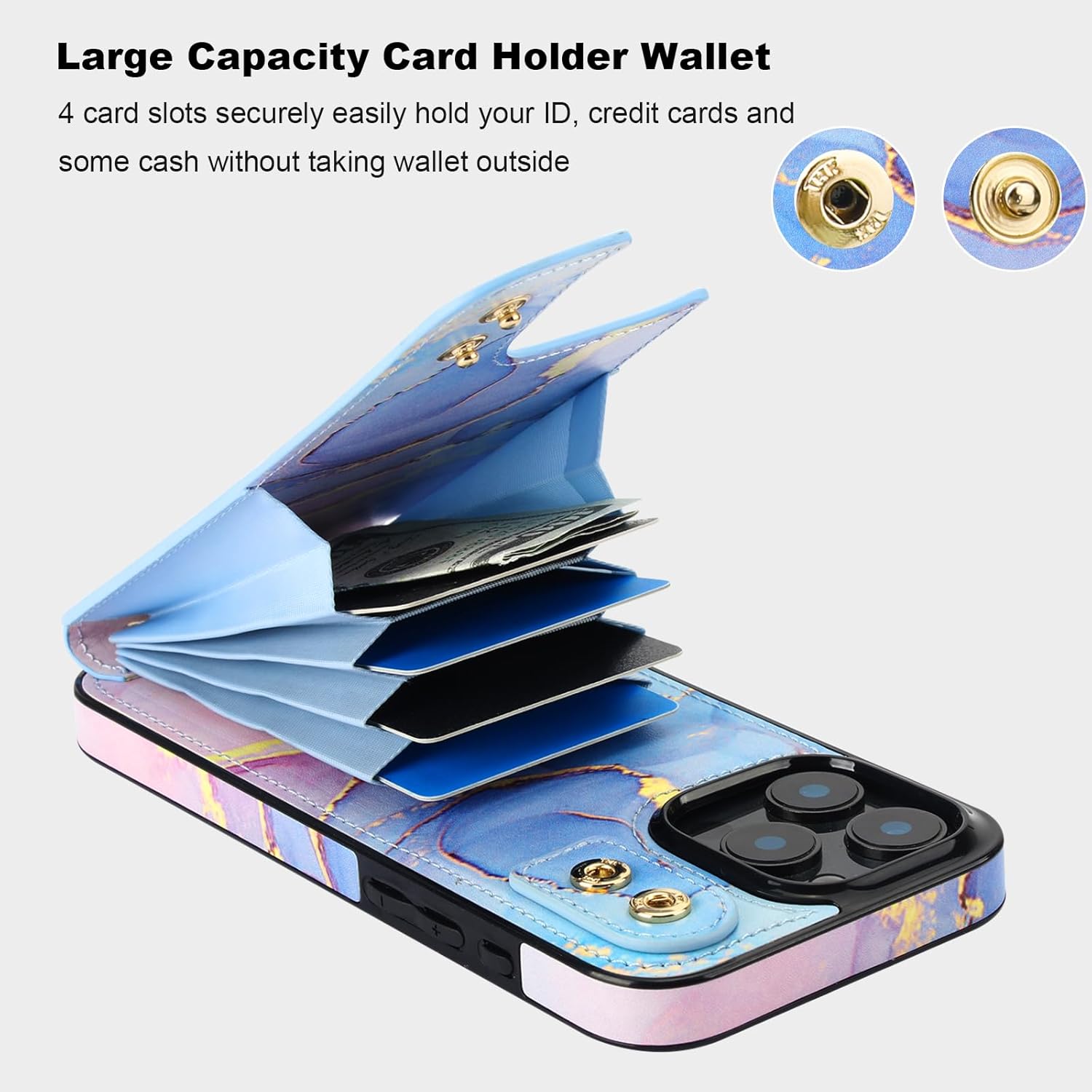 HAOPINSH for iPhone 16 Pro Max Wallet Case with Card Holder, 360°Rotation Ring Kickstand, Pink Blue Marble Pattern, RFID Blocking Leather for Girls Women, Double Buttons Protective Cover 6.9" - Image 4