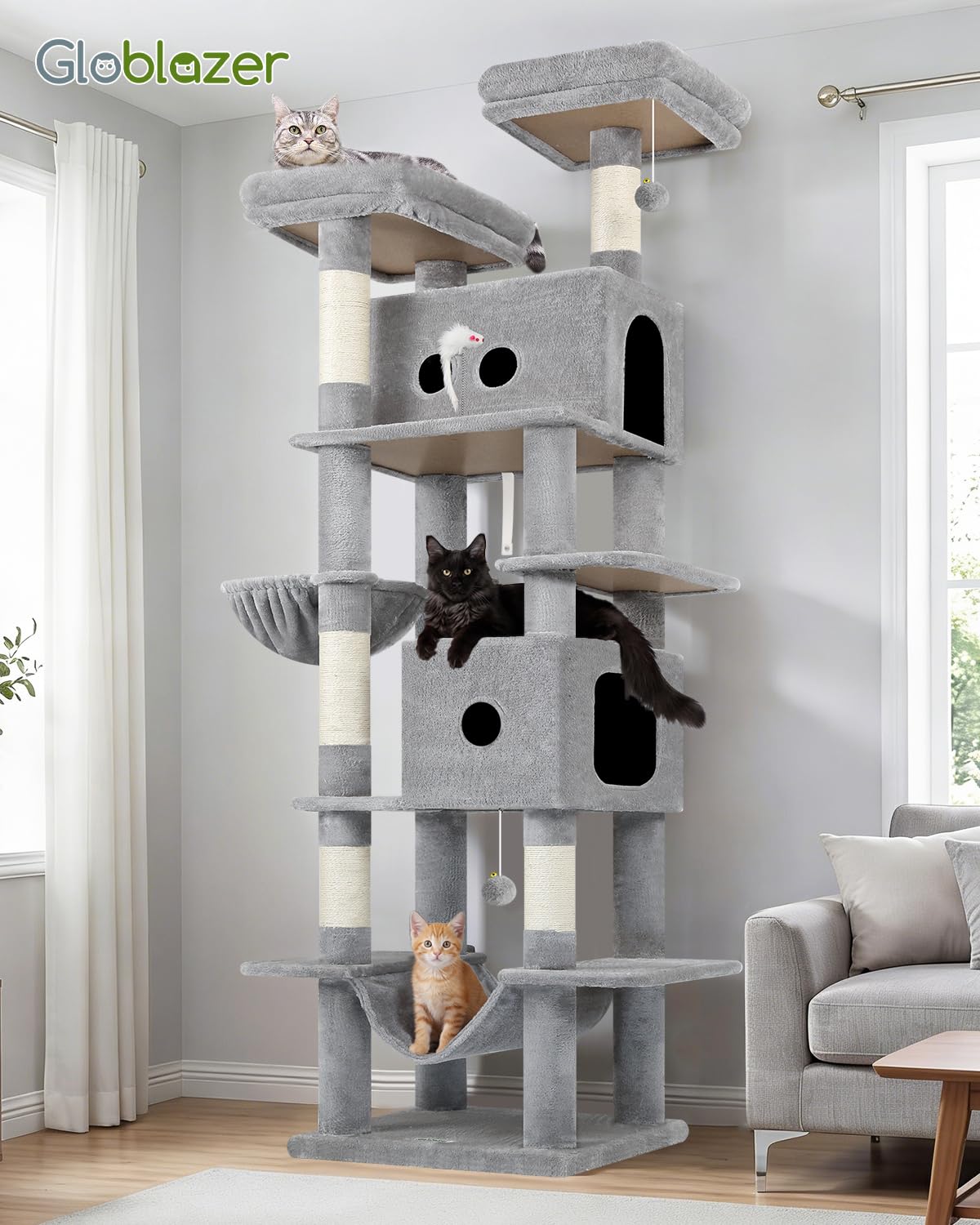 Globlazer Drapak XXL dla 3-5 dużych kotów o wysokości 204 cm z 2 dużymi kocimi domkami 50*30*30CM, 2 platformami, hamakiem, koszem, zabawką dla kota, stabilny drapak dla ciężkich kotów do użytku w