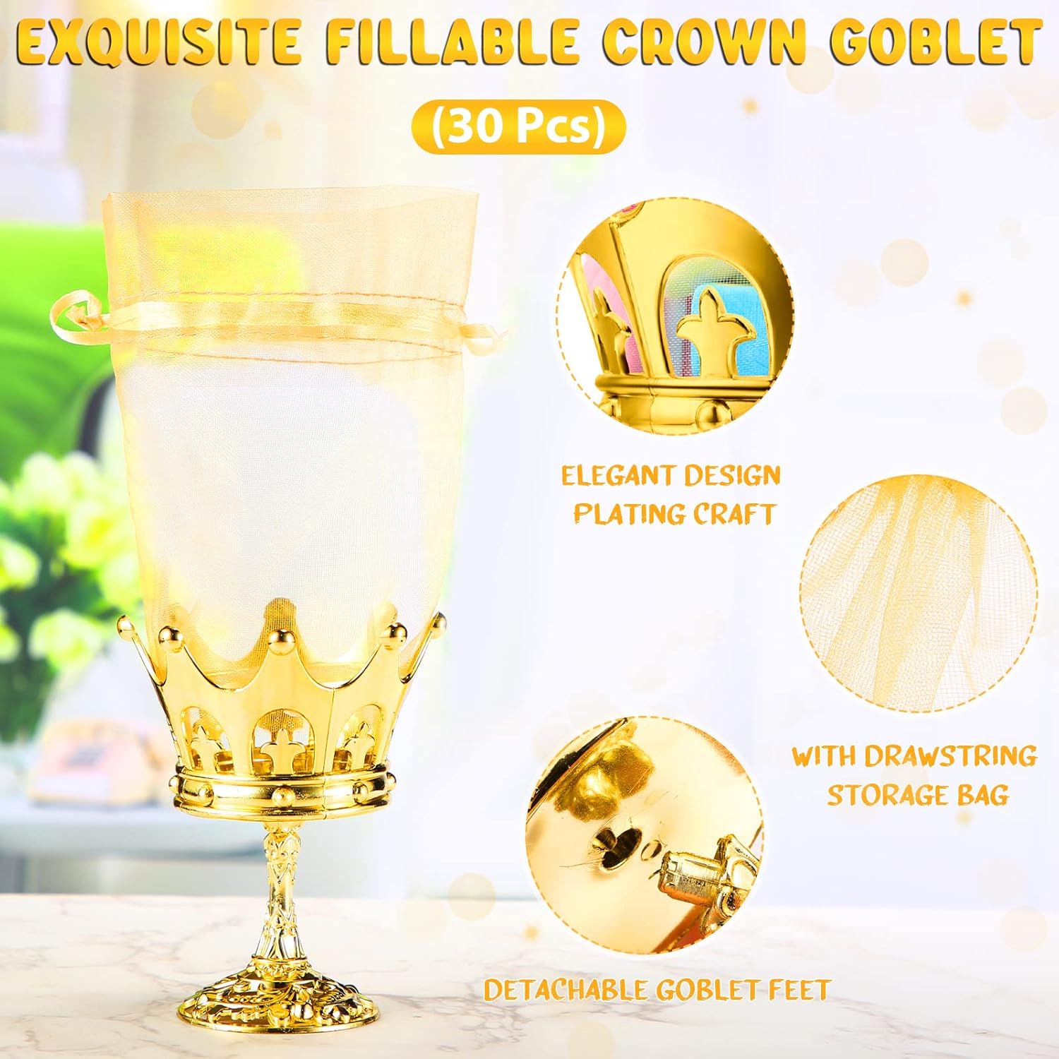 30 Pcs Gold Fillable Crown Goblet with Pouch for Candy Box Container Wedding Party Favor Decorative Candy Storage Container Decoration for Chocolate Cake Dessert and Birthday Baby Shower