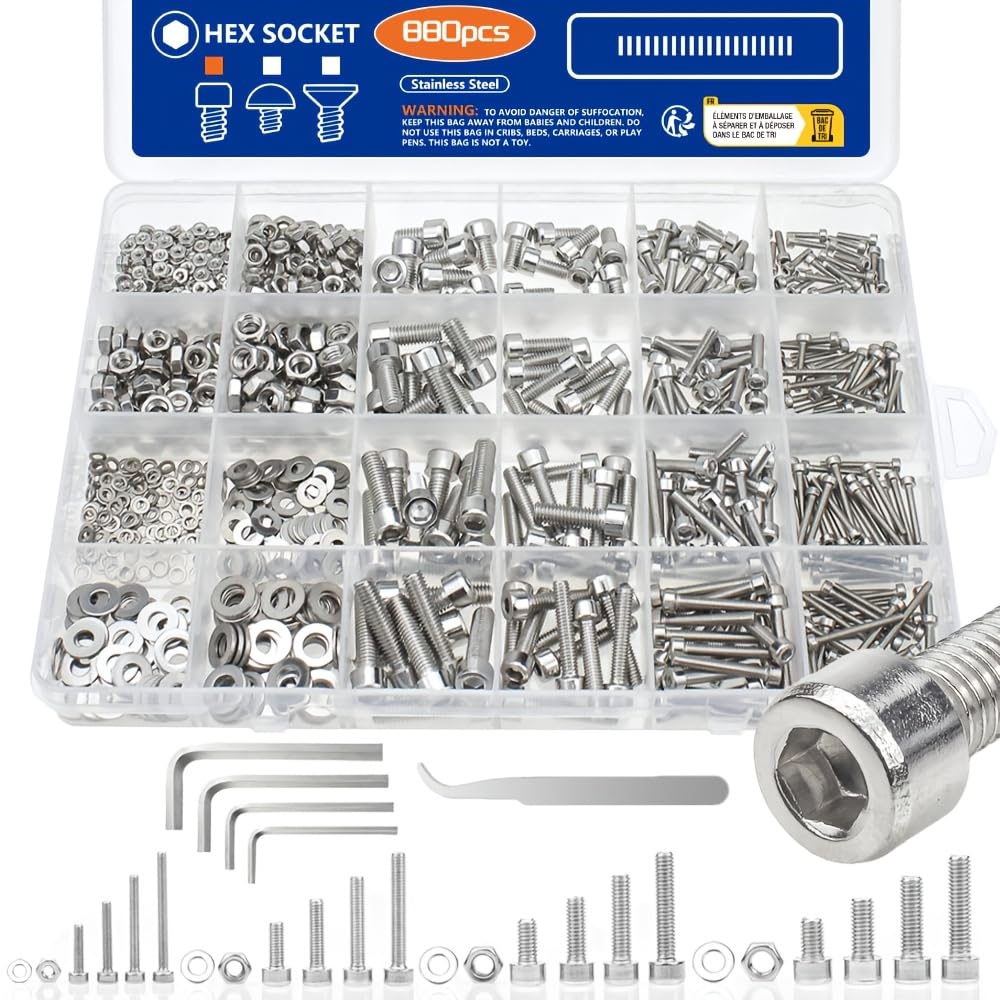 880 Pieces Stainless Steel Hex Socket Screws Set, M2 M3 M4 M5 Nuts Bolts Washers Assortment Kit with Storage Case and Tools