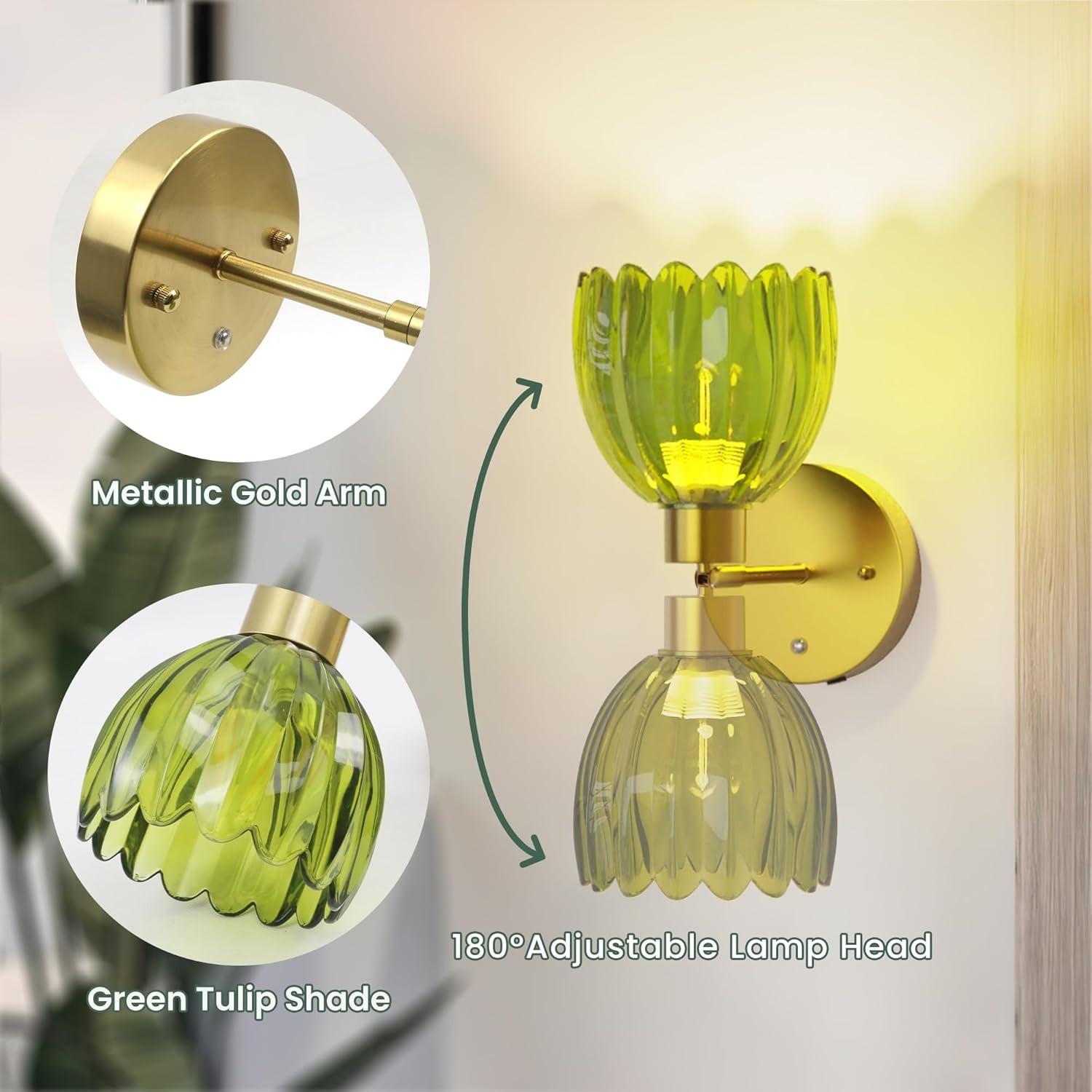 Vintage Battery Operated Wall Sconces Set of 2, 5200mAh Wireless Rechargeable Wall Lamps with Green Glass Tulip Lampshade, Cordless Wall Mounted Lights for Bedroom Vanity Living Room