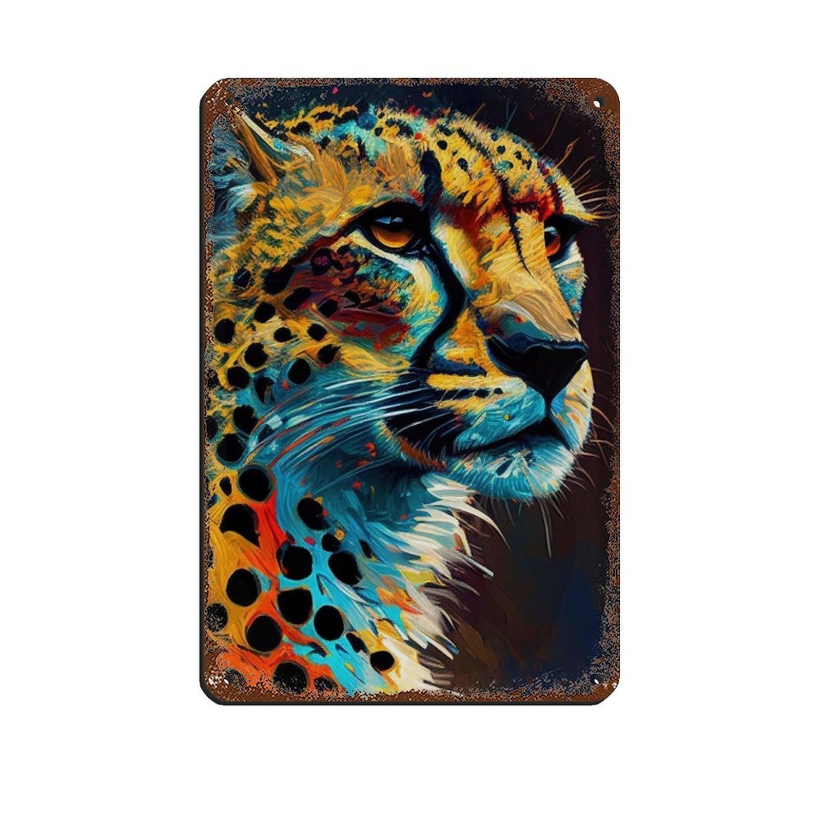 Cheetah Oil Painting Poster Retro Poster Metal Tin Sign Chic Art Retro Iron Painting Bar People Cave Cafe Family Garage Poster Wall Decoration 8x12inch(20x30cm)