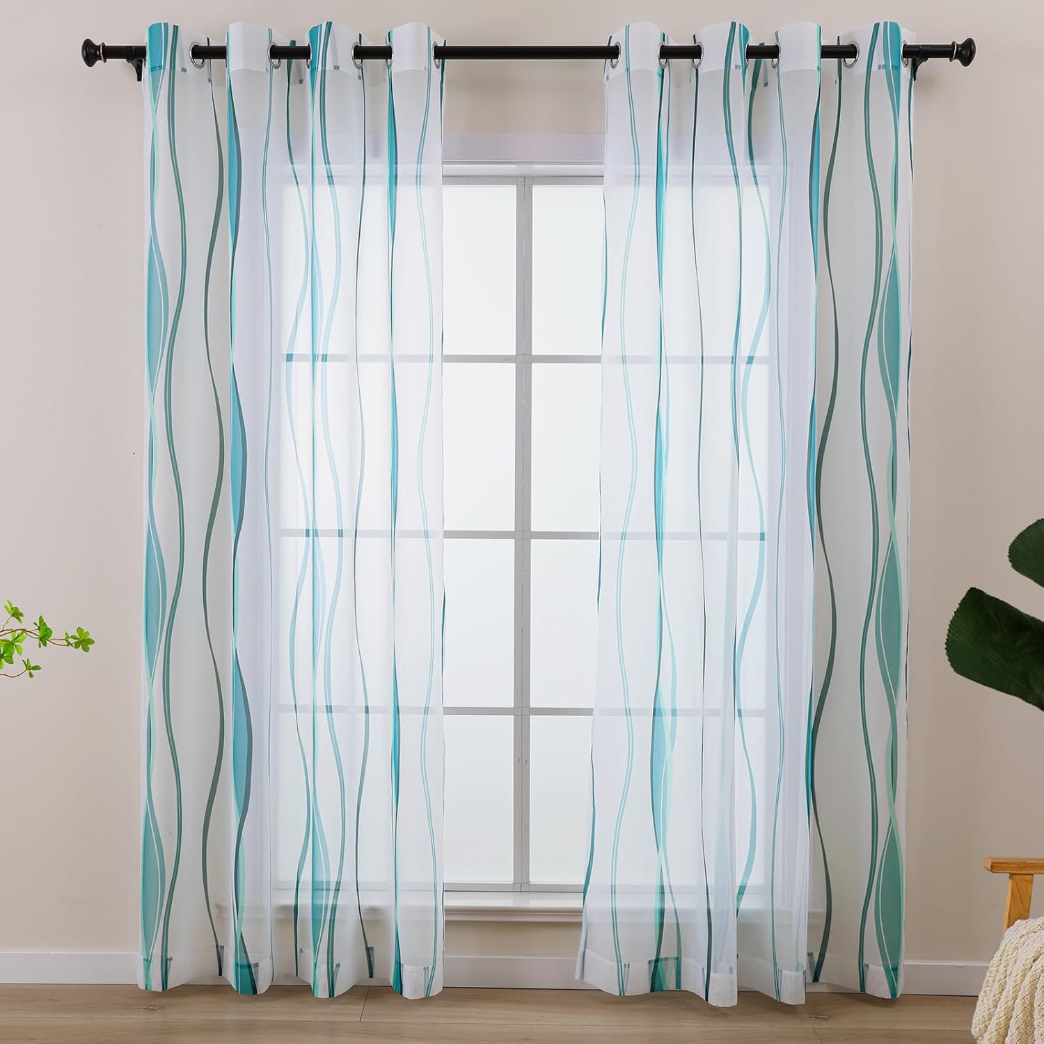 L.Z.E White and Teal Sheer Curtains 84 Inches Long, Light Filtering Elegant Patterned Curtains with Design for Living Room Bedroom Dining Room, Lightweight Window Drapes, Grommet Top 2 Panels Set