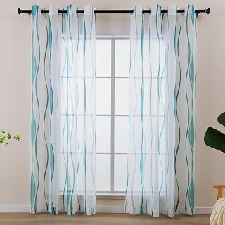 L.Z.E White and Teal Sheer Curtains 84 Inches Long, Light Filtering Elegant Patterned Curtains with Design for Living Room Bedroom Dining Room, Lightweight Window Drapes, Grommet Top 2 Panels Set
