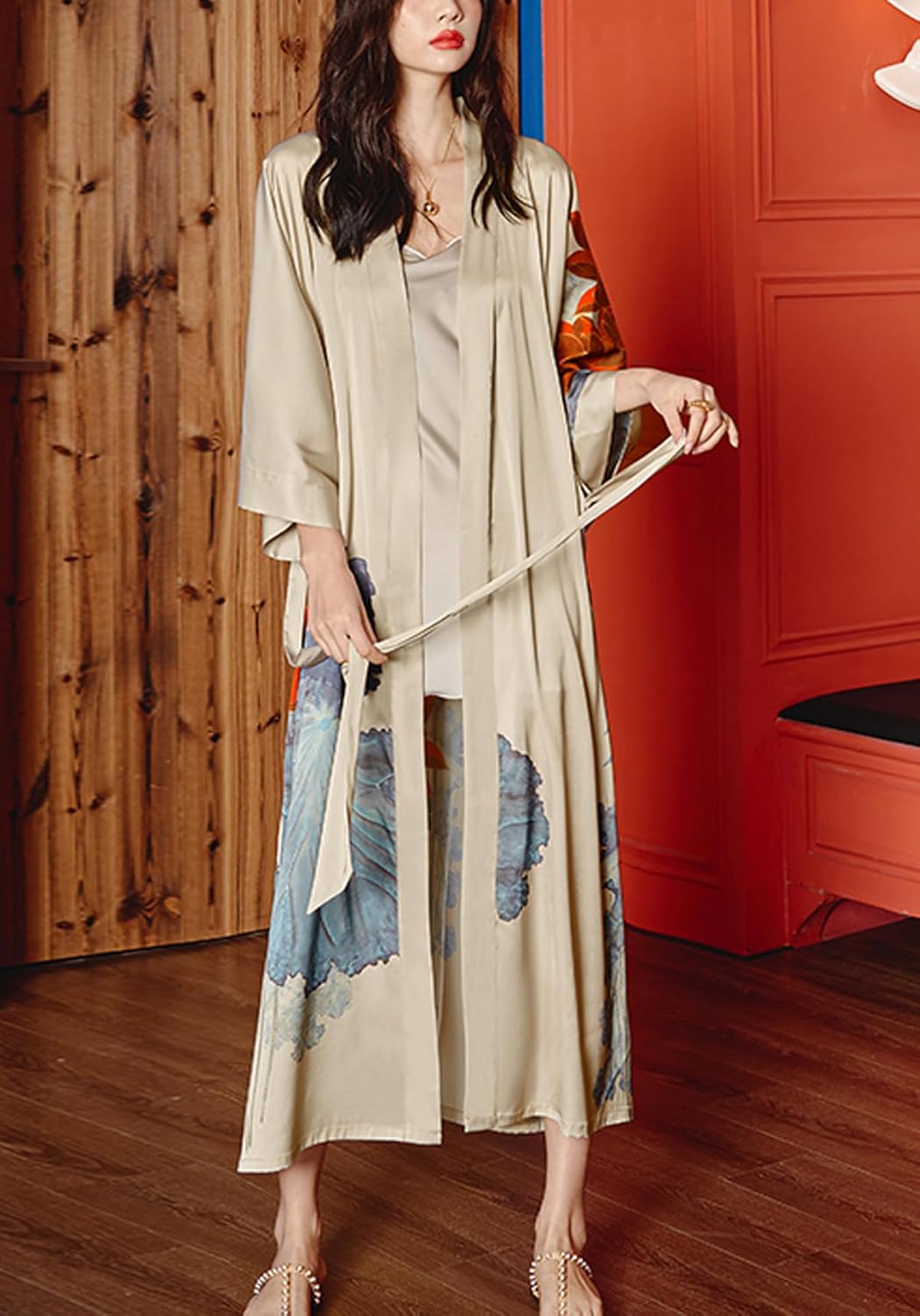 Silk Satin Robe for Women Long Japanese Kimono Robe Lightweight Soft Bathrobe Floral Luxury Dressing Gown - Image 6