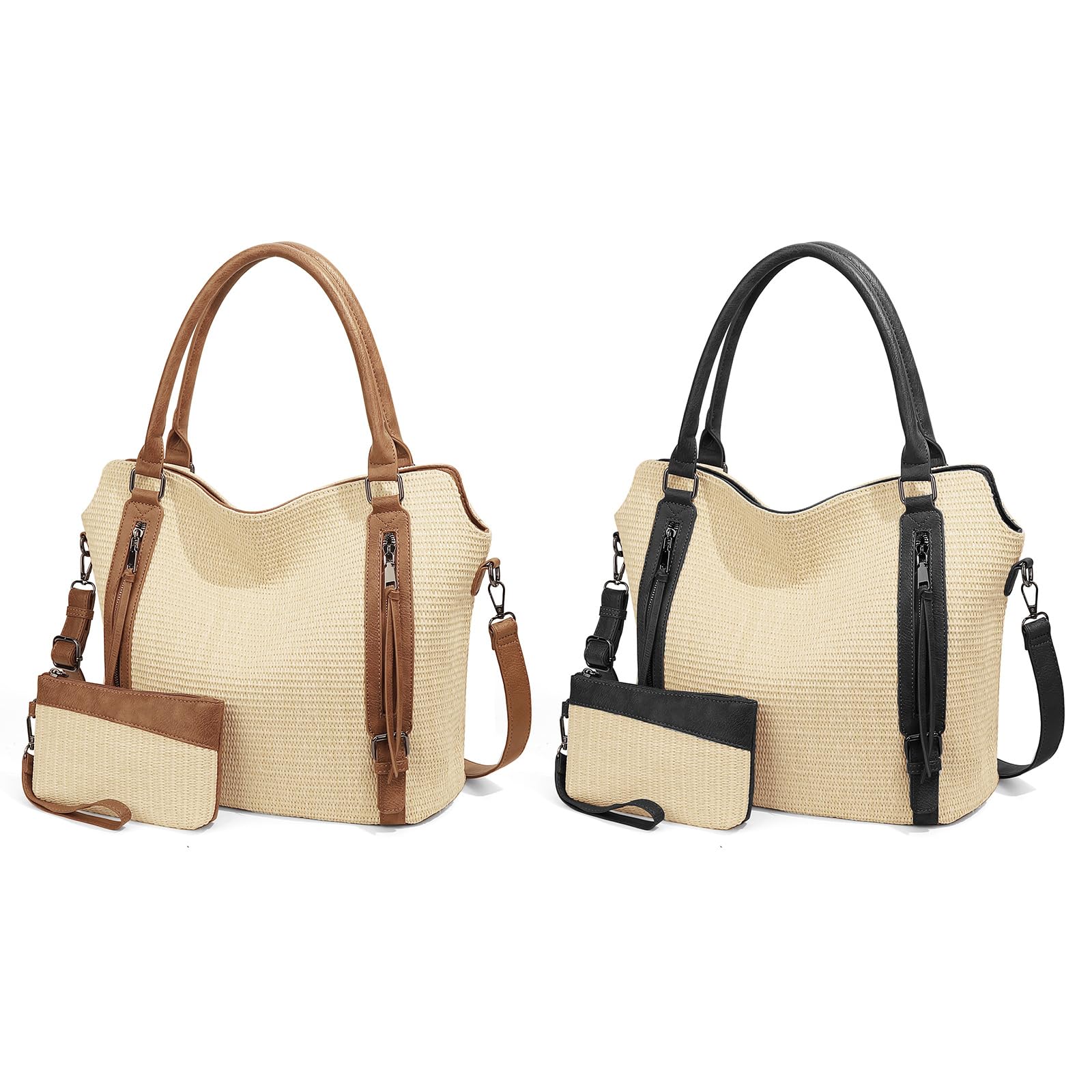 Borsa in paglia intrecciata con tracolla regolabile e tasche multiple, elegante borsa a tracolla in tessuto da donna per uso quotidiano borsa per la spesa