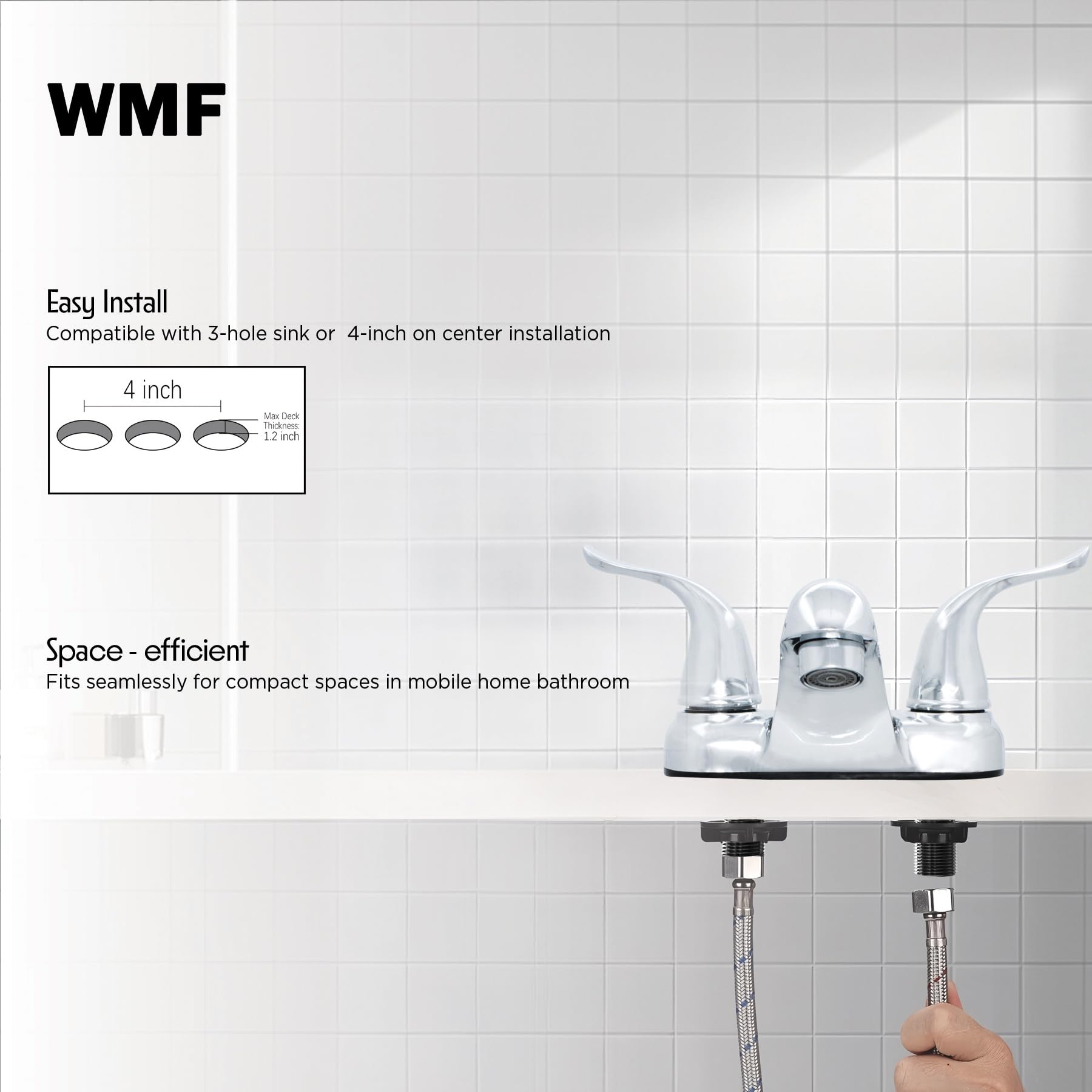 WMF-4224EUW-CP - RV Lavatory Bathroom Faucet Double Handle Washerless Cartridge Less Pop-up Chrome Plating Over ABS Plastic — view 4