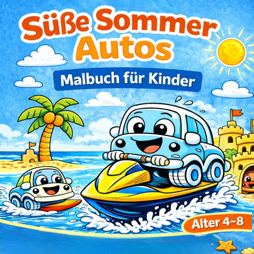 Süße Sommer Autos Malbuch für Kinder 4–8 Jahre: Lustige Strand-Abenteuer mit niedlichen Autos – Einfaches Ausmalen mit klaren Linien