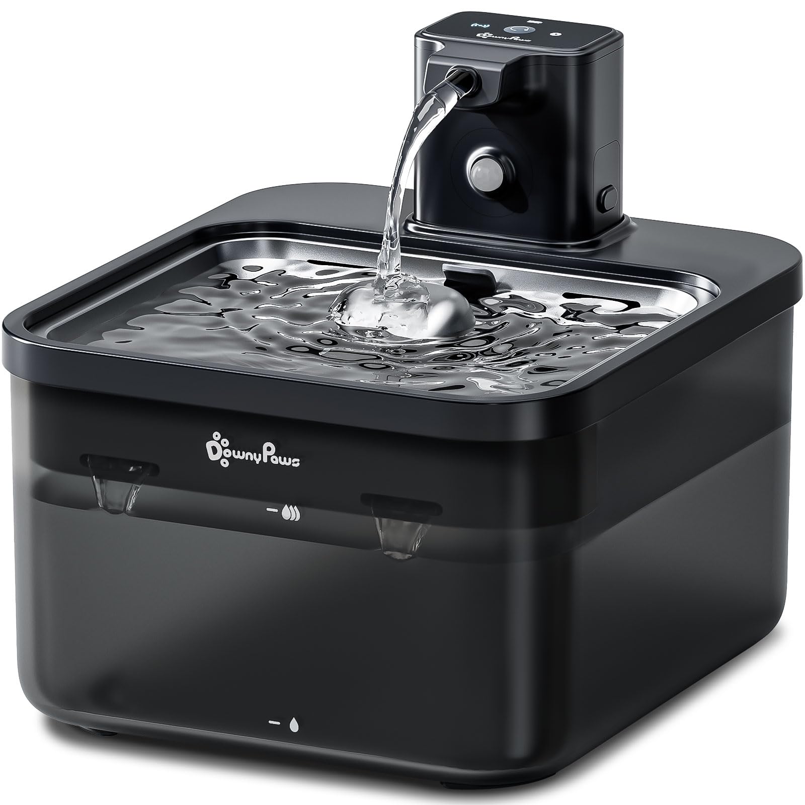 DownyPaws Fontanella per Gatti Senza Fili con Vassoio in Acciaio, Alimentazione a Batteria da 4000mAh, 2,5 L Ultra Silenziosa Fontanella per Gatti con Sensore, Nero