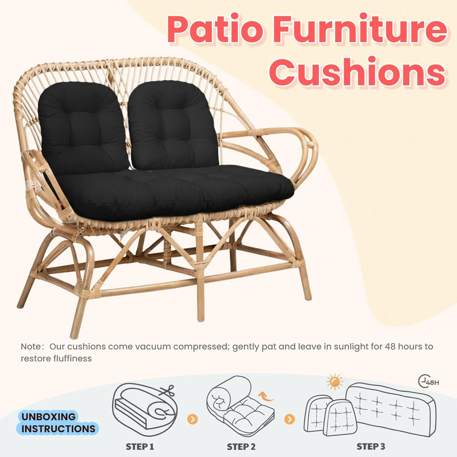 Wicker Chair Cushions 3 Piece Set, Waterproof Outdoor Cushions for Patio Furniture, Loveseat and U-Shaped Wicker Furniture Cushions, Black