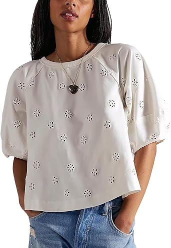SeeLuNa Women Embroidered Eyelet Tops Elegant Crewneck Puff Sleeve Shirts Dressy Casual Blouses Trendy Streetwear Outfits