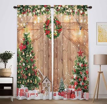 Funnytree Christmas Wooden Barn Window Curtain Rustic Xmas Pine Tree Festival Holiday Print Curtains Home Decor Rod Pocket Darkening Drapes for Bedroom Living Room 82 in x 84 in