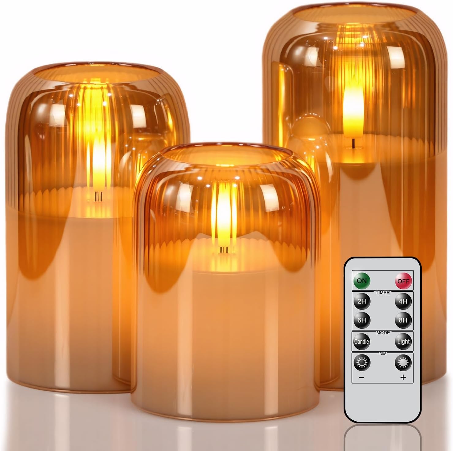 DRomance Glass Flameless Candles with Remote and Timer Battery Operated 3 Pack Real Wax Striped Gold LED Flickering Pillar Candles Dinner Wedding Halloween Christmas Holiday Decor(3" D x 4",5",6" H)