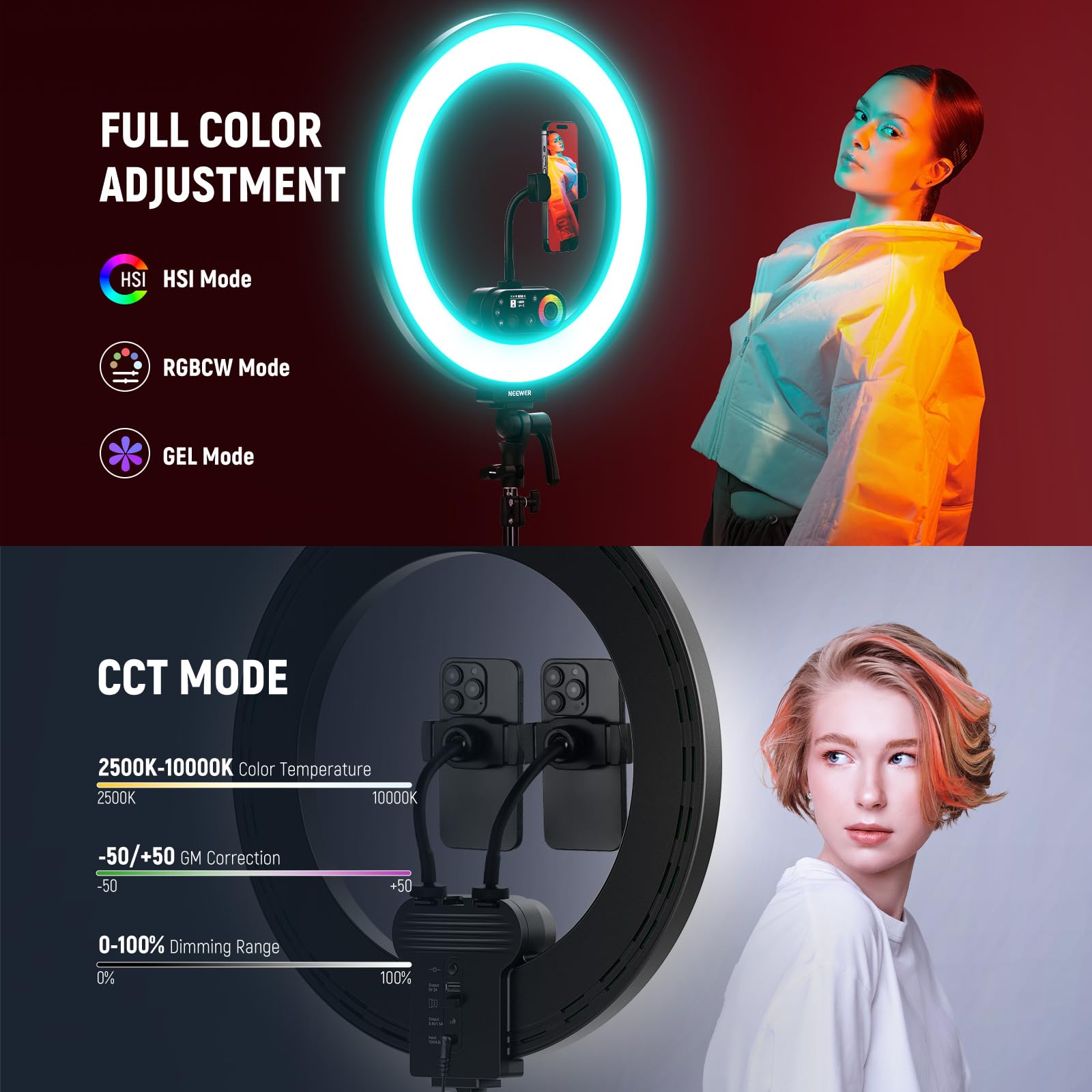NEEWER Ring Light 18inch Kit: 55W 5600K Professional LED with Stand and Phone Holder, Soft Tube & Bag for Tattoo Lash Extension Barber Makeup Artist Studio Video Photography Lighting, RL-18: NEEWER RL45C 18" Edge Lit 45W RGB LED Ring Light with Phone Tripod Stand Remote CRI95+ 3100lux/0.5m 2500K–10000K 360° Full Colors App/2.4G Control Compatible with iPhone Selfie Makeup Video Recording
