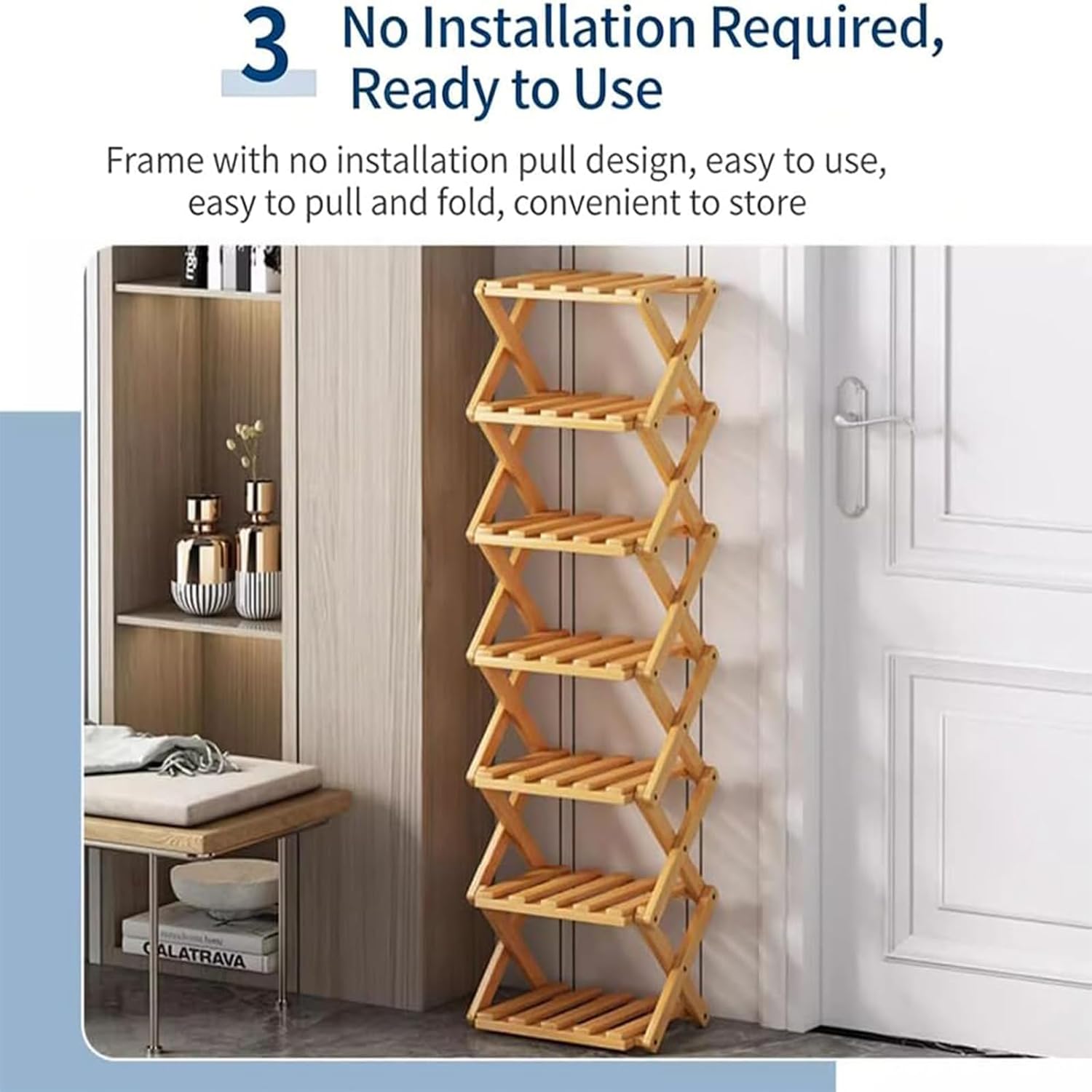 Foldable Bamboo Shoe Rack, No-Assembly Vertical Storage Shelf for Small Spaces, Multi-Purpose Organizer for Entryway, Closet & Home Decor (9 Tier,Natural)