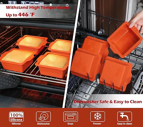 Miniatura 5 de Webake Moldes cuadrados de silicona de 4 pulgadas, moldes de silicona cuadrados antiadherentes para hornear, cubitos de hielo, gelatina, jabón, sin