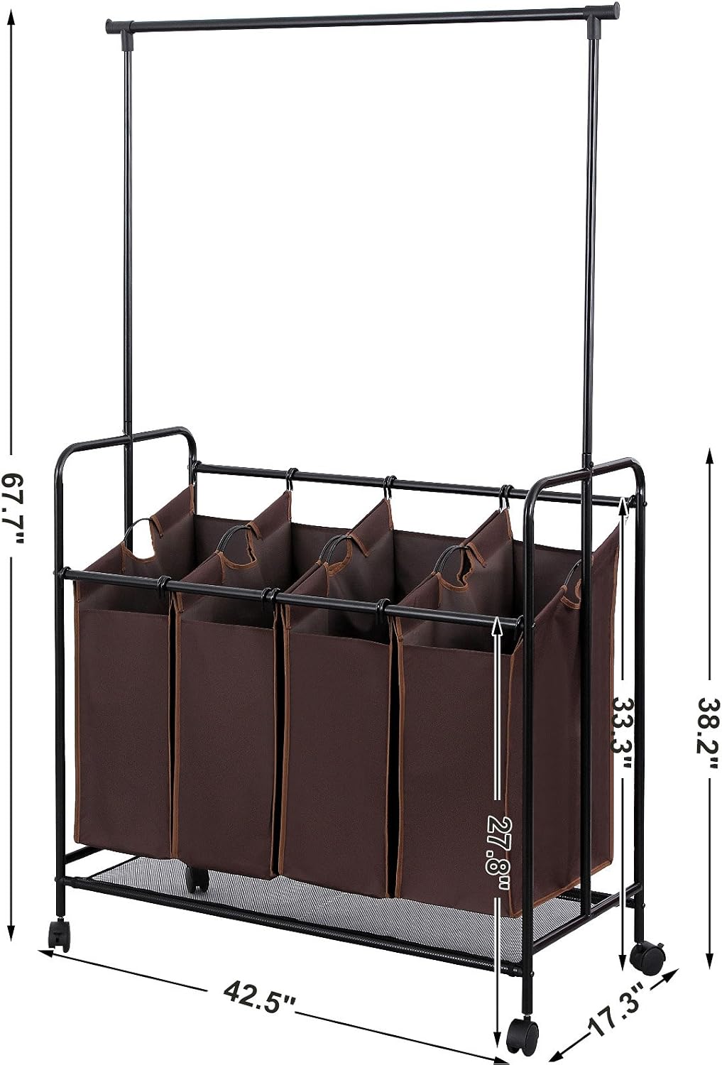 SONGMICS 4-bag Rolling Laundry Sorter with Hanging Bar Heavy-duty with Wheels & Larger Bags Brown URLS44S