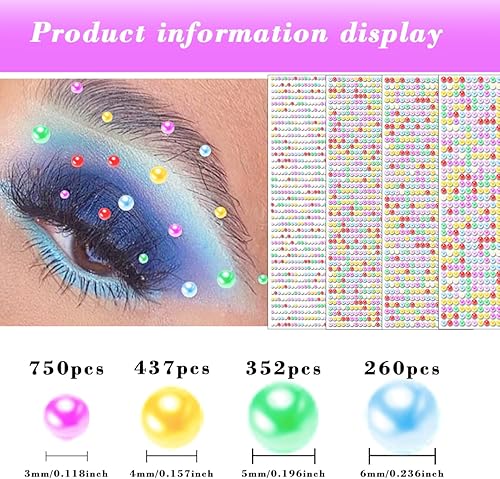 Miniatura 2 de 1799 piezas de 4 hojas de calcomanías de perlas de 0.236 pulgadas (3450.236 in), gemas de diamantes de imitación autoadhesivas para rostro, ojos,