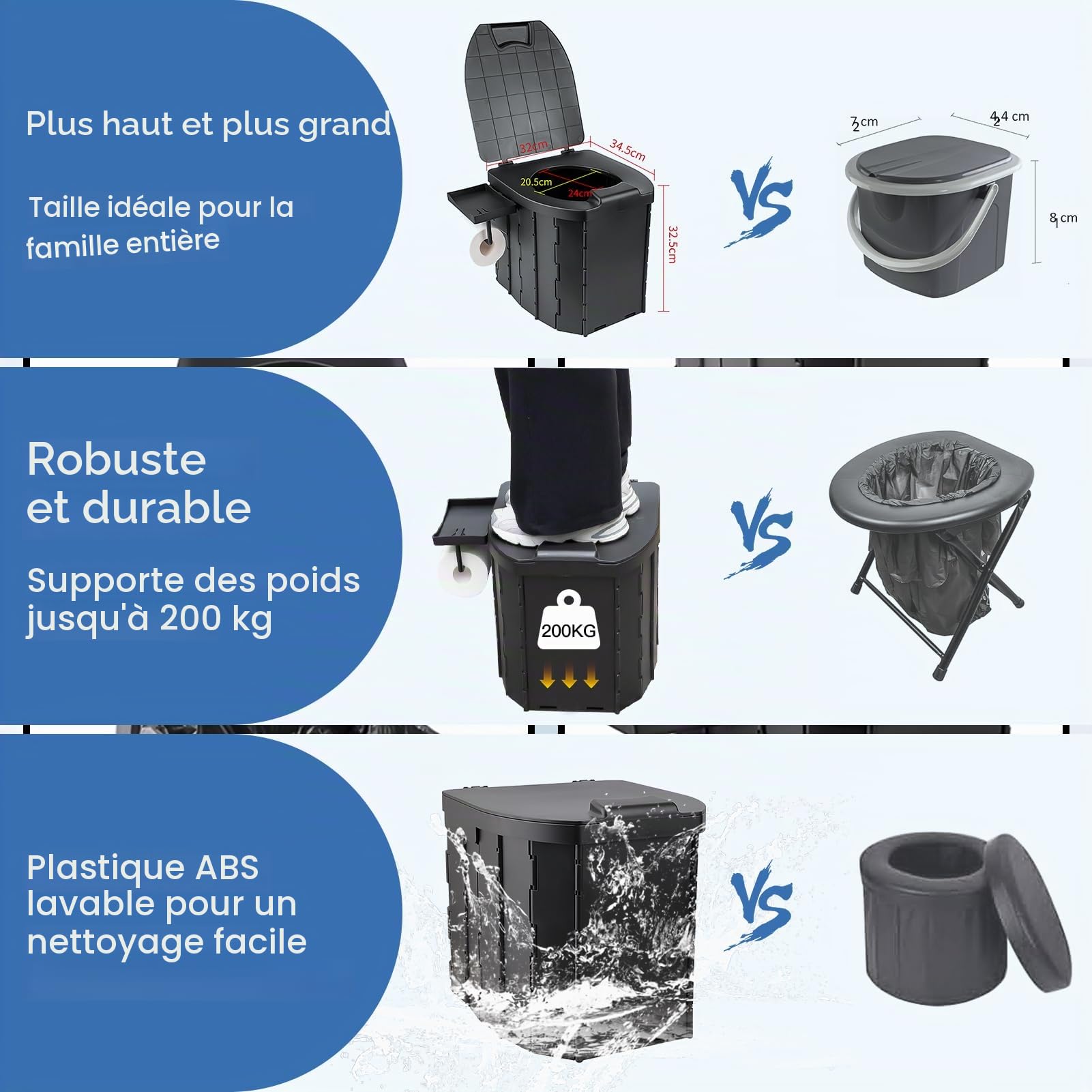 Toilettes de camping, toilettes de camping pliables, toilettes mobiles, toilettes de voyage pliables, toilettes portables pour l'extérieur avec porte-papier toilette et porte-téléphone