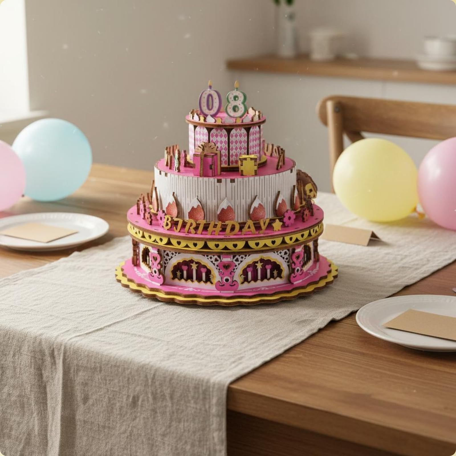 Musikbox Kinder Kuchen Puzzle Holzspielzeug Baukasten Modellbau Bastelset Lernspiel Kreatives Geschenk Handarbeit Zum Zusammenbauen für Party Vorschule Zuhause, Rosa