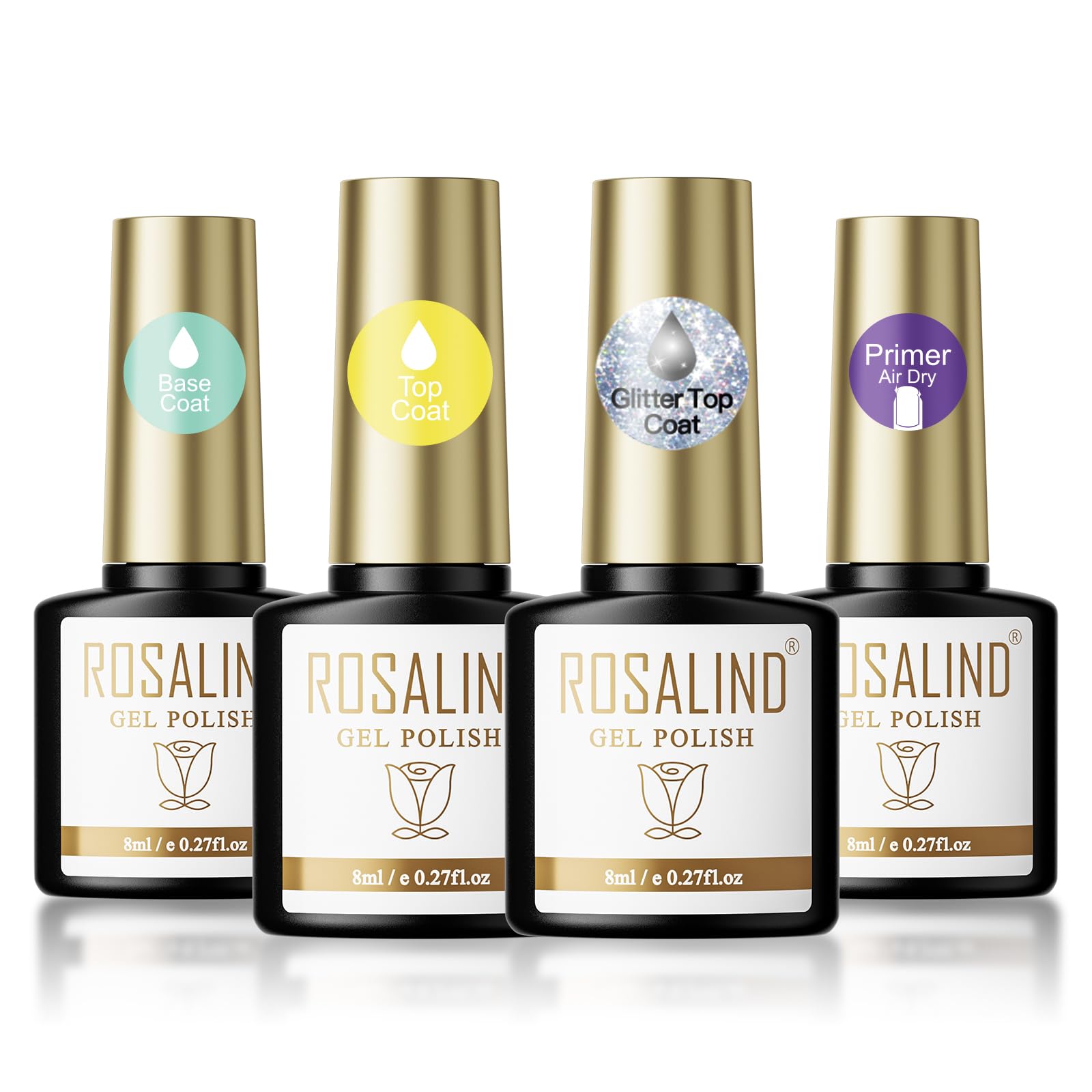 ROSALIND Base y Top Coat Semipermanente, Primer Uñas Semipermanente Glitter Brillante Top Coat Esmaltes Semipermanentes Soak Off UV/LED, 4 * 8ml