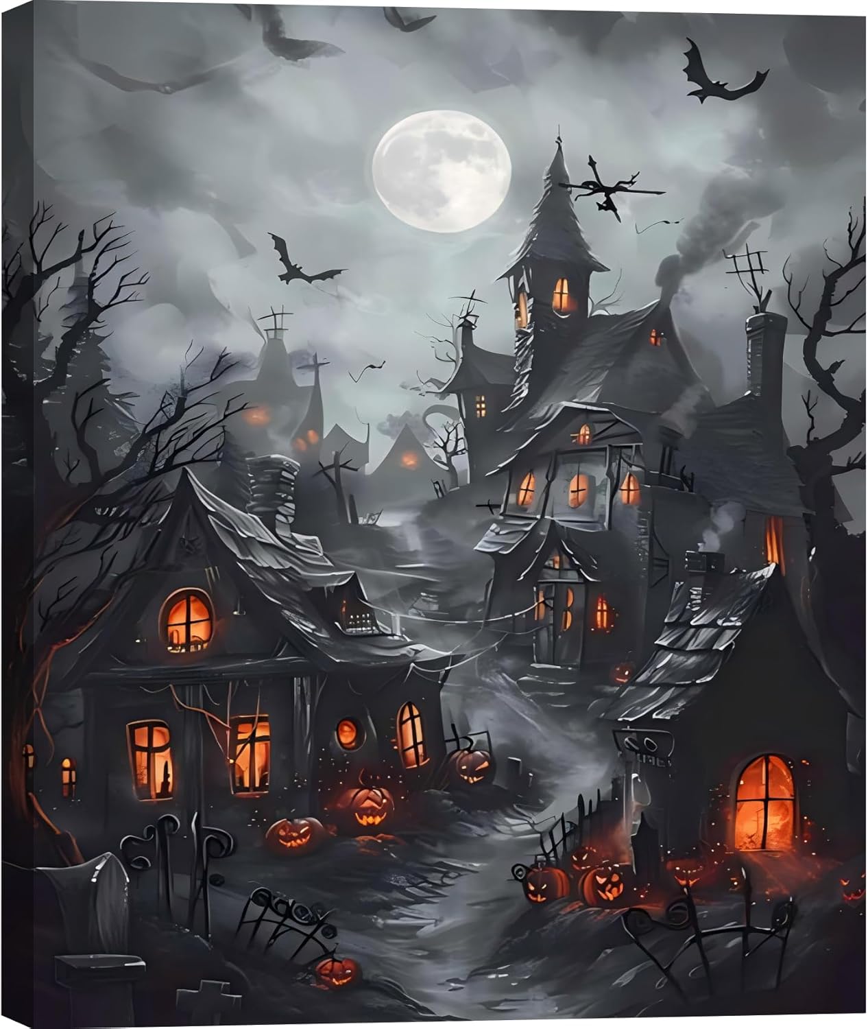 FLZYKGPA Vintage Fantasy Haunted Village Night Scene with Glowing Windows, Black Trees, Fog & Bats - Spooky Gothic Wall Decor for Living Room, Halloween Home Decor, wall art for Bedroom