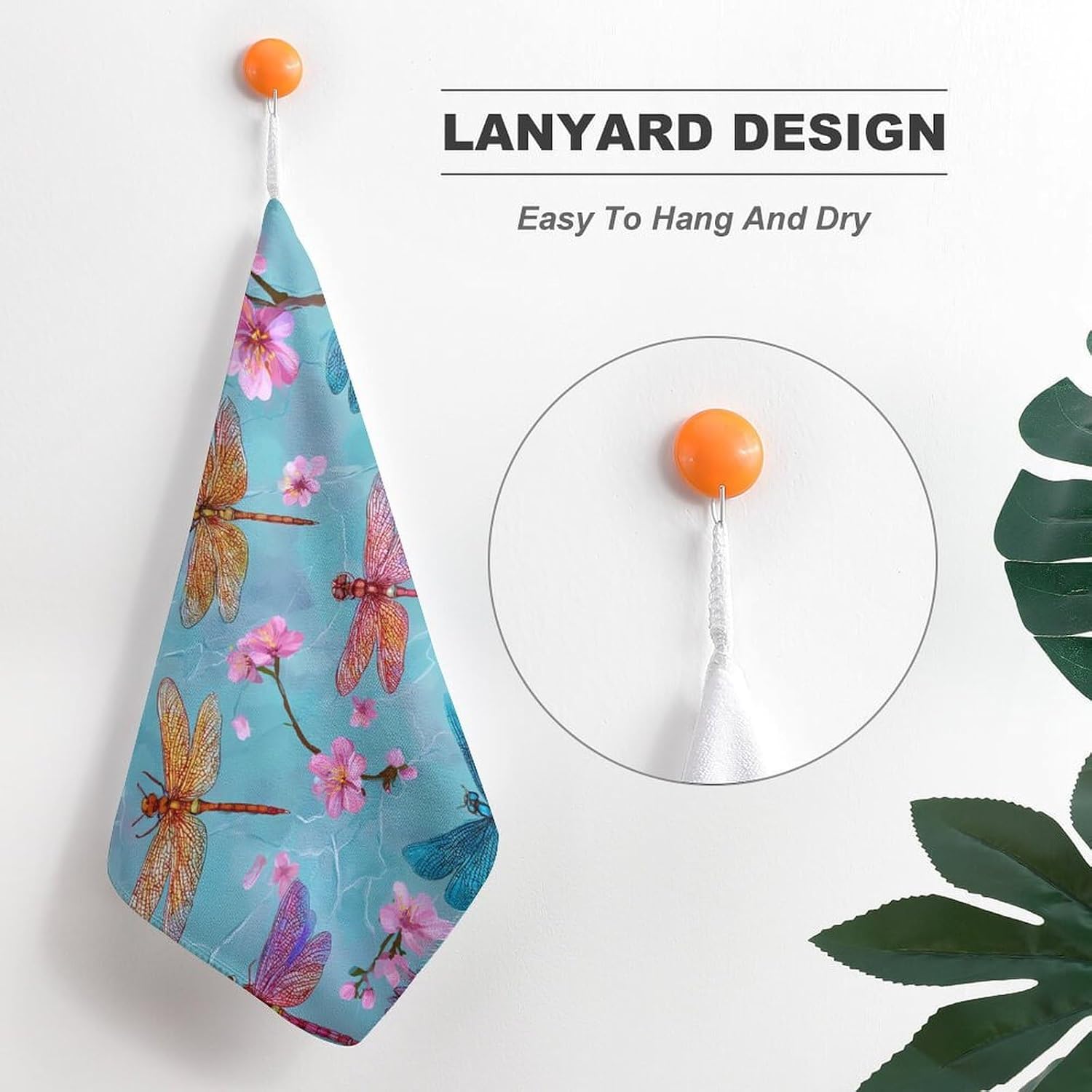 Dragonfly and Floral Microfiber Hand Towels for Bathroom Soft Absorbent Bath Kitchen Towel with Hanging Loop 4PCS