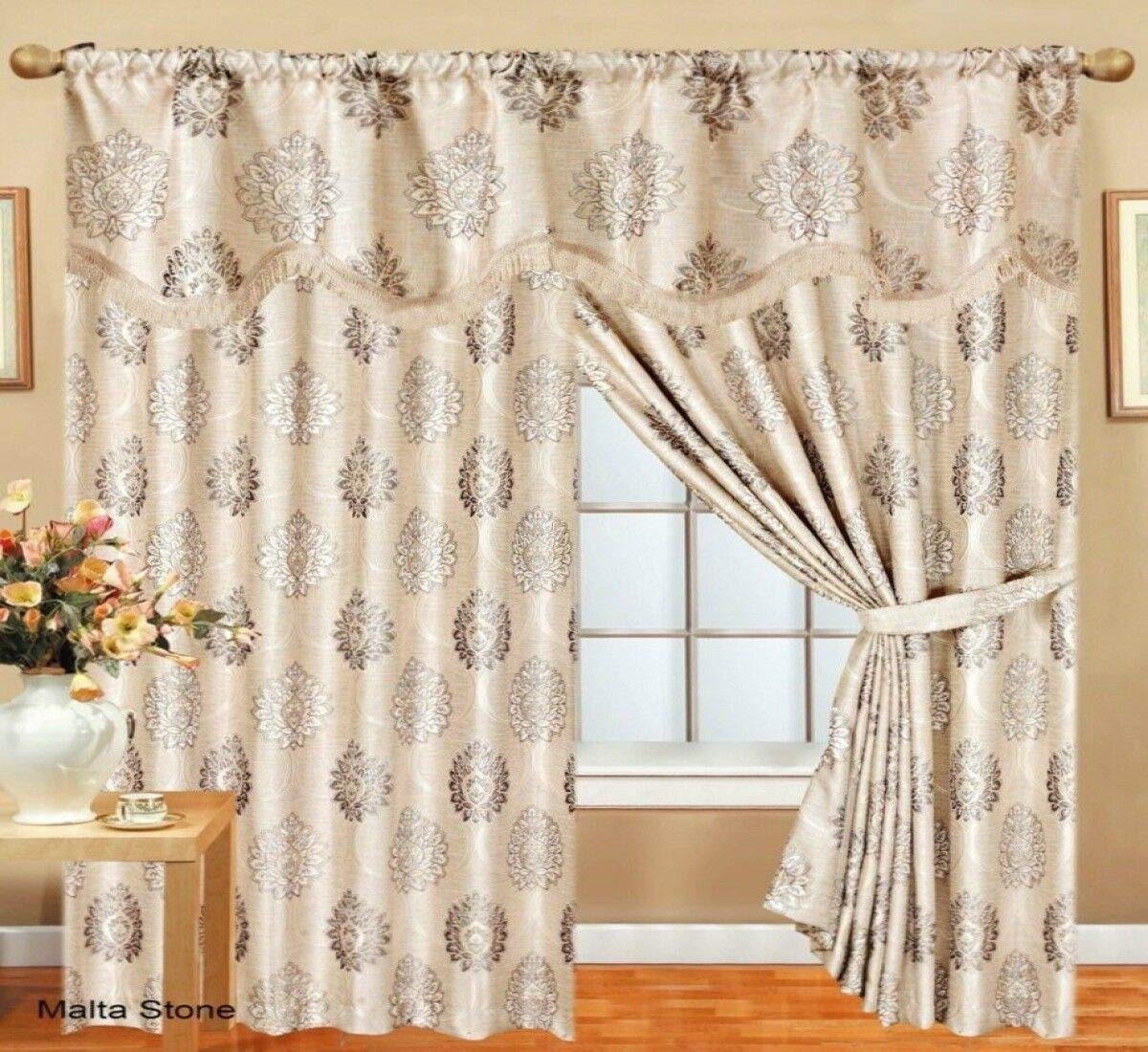 Prime Linen Curtains Pair Glitter Stripe Jacquard Fully Lined Matching Pelmet & Tieback Stone 66 x 90 — image 1