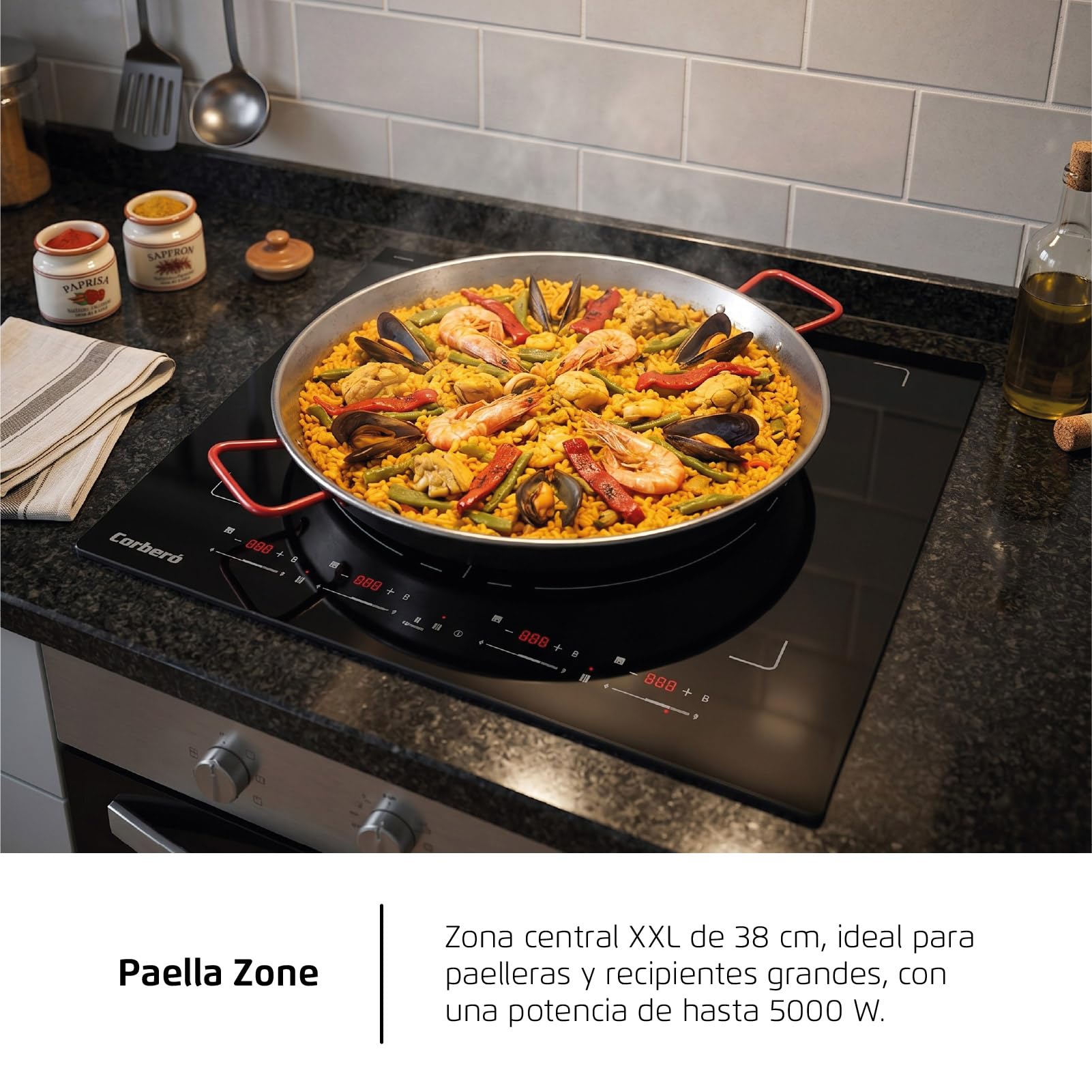 Corberó - Piastra a induzione Total Flex | CCIM974EXTRA | 7400 W | 9 livelli di potenza | 7 zone flessibili | Zona paella 38 cm | Controllo touch con slider | Timer 8 ore | Nero