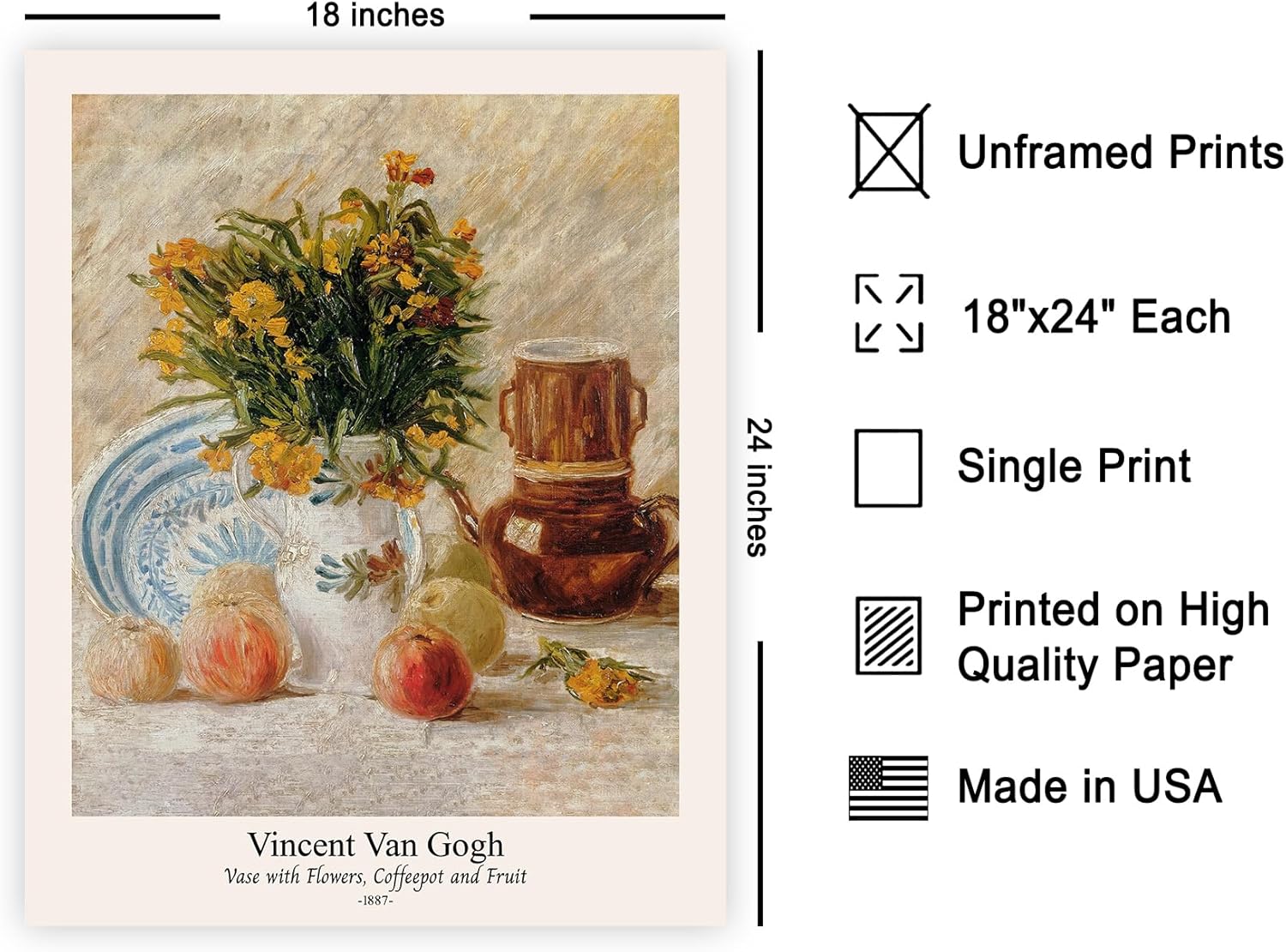 Poster Master Vintage Van Gogh Poster - Retro Vase with Flowers Coffee Pot and Fruit Print - Impressionism Art - Classic Painting Design - Floral Print - Kitchen Decor - 18x24 UNFRAMED Wall Decor
