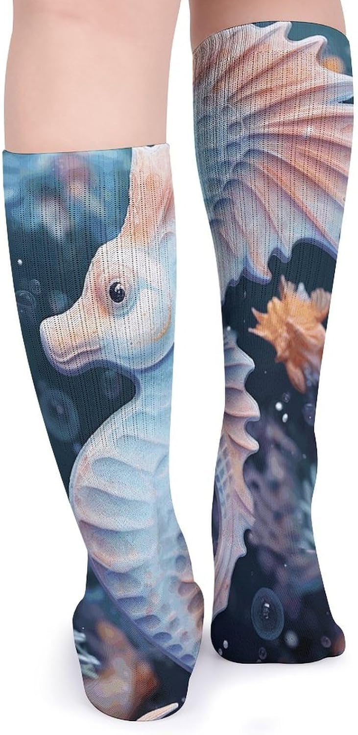 Breathable Crew Sock, Moisture Wicking, Athletic Calf Socks, Cozy | Seahorse And Starfish Compression Socks for Women Men, Lightweight High Work Socks for Business, Casual