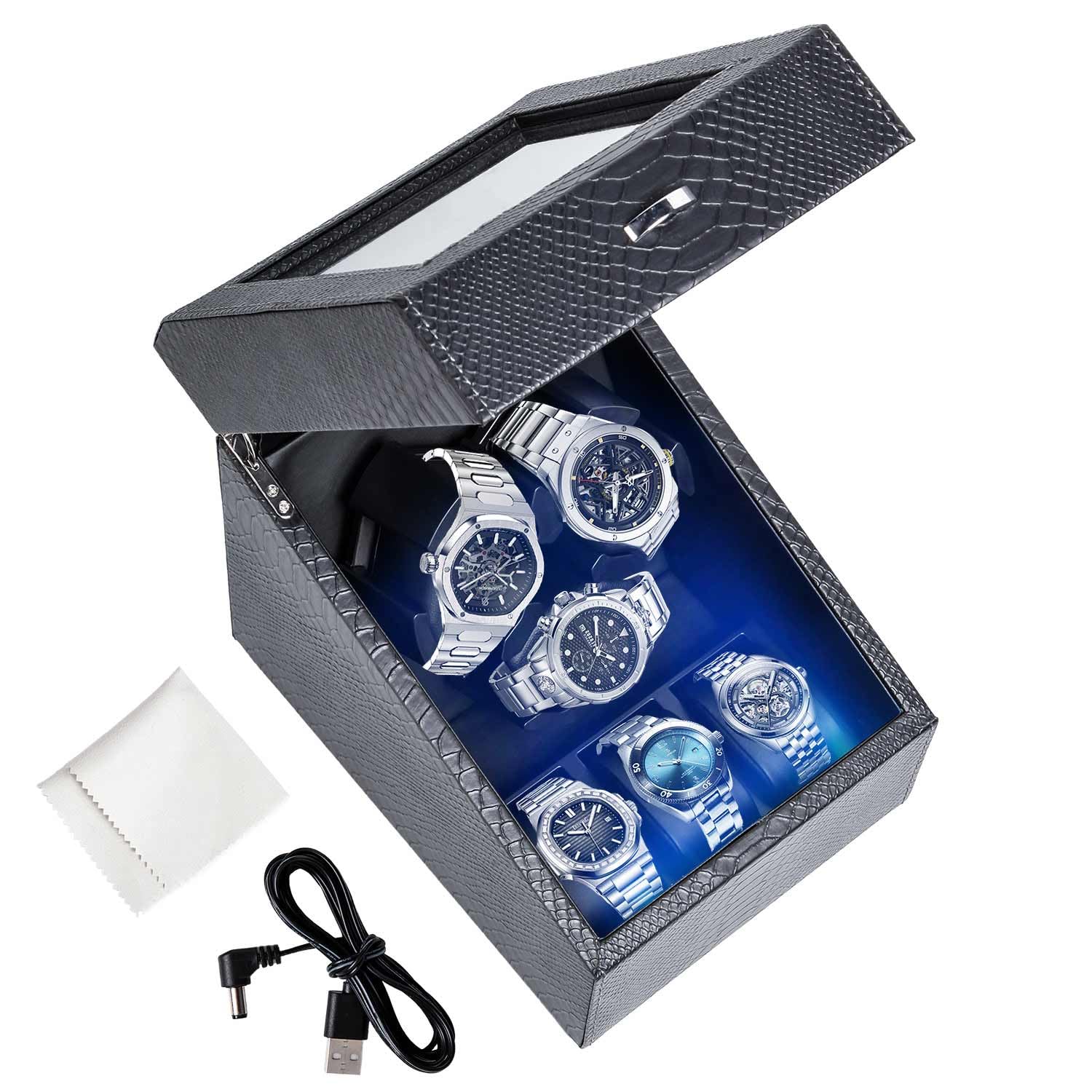 Blendra Men's 3 Watches Luxury Led Light Watch Winder,3 Automatic Watch Winder With Storages,4 Rotation Modes, Quiet Motor, Pu-Watch Winders Ideal For And Wo