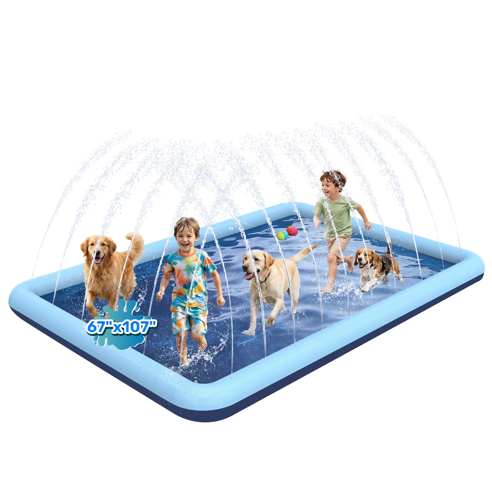 107 x 67 in Large Rectangle Splash Pad for Dogs &amp; Kids, Non-Slip Sprinkler Pool, Extra Thick Shallow Water Play Mat for Backyard Summer Water Play, Teal