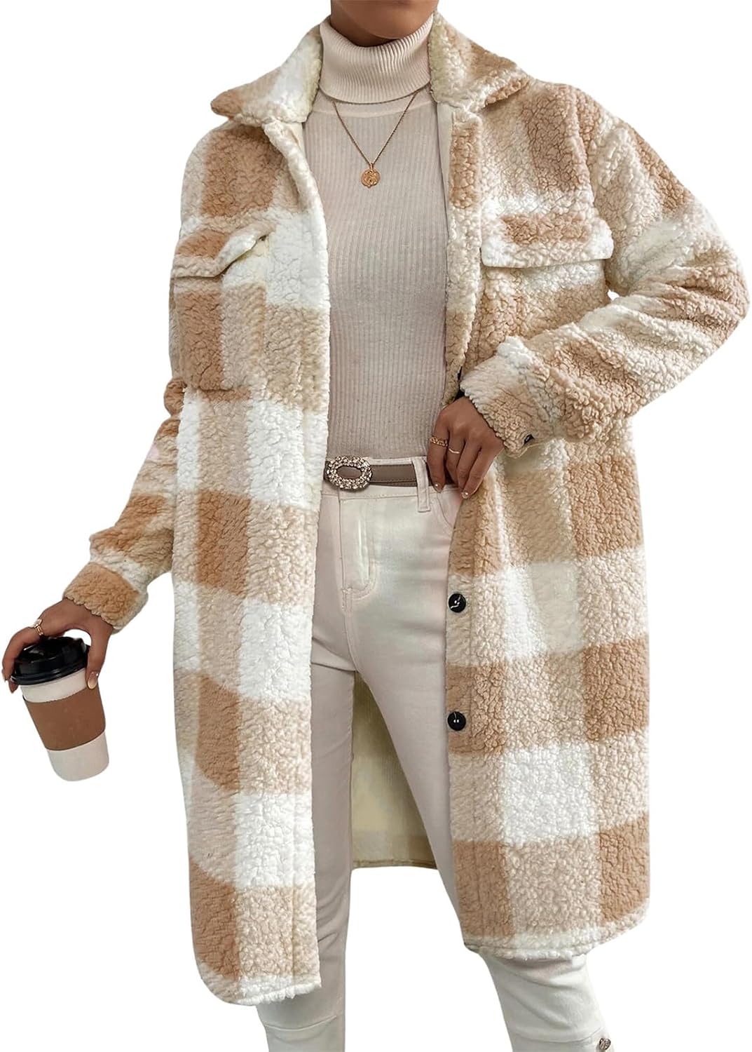 Amazon.com: Nkgra Womens Fuzzy Sherpa Long Jacket Plaid