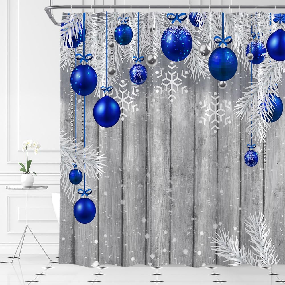 Cortina de ducha de bola de Navidad, bola de Navidad azul, tablero de madera rústica, decoración de baño, cortinas de poliéster