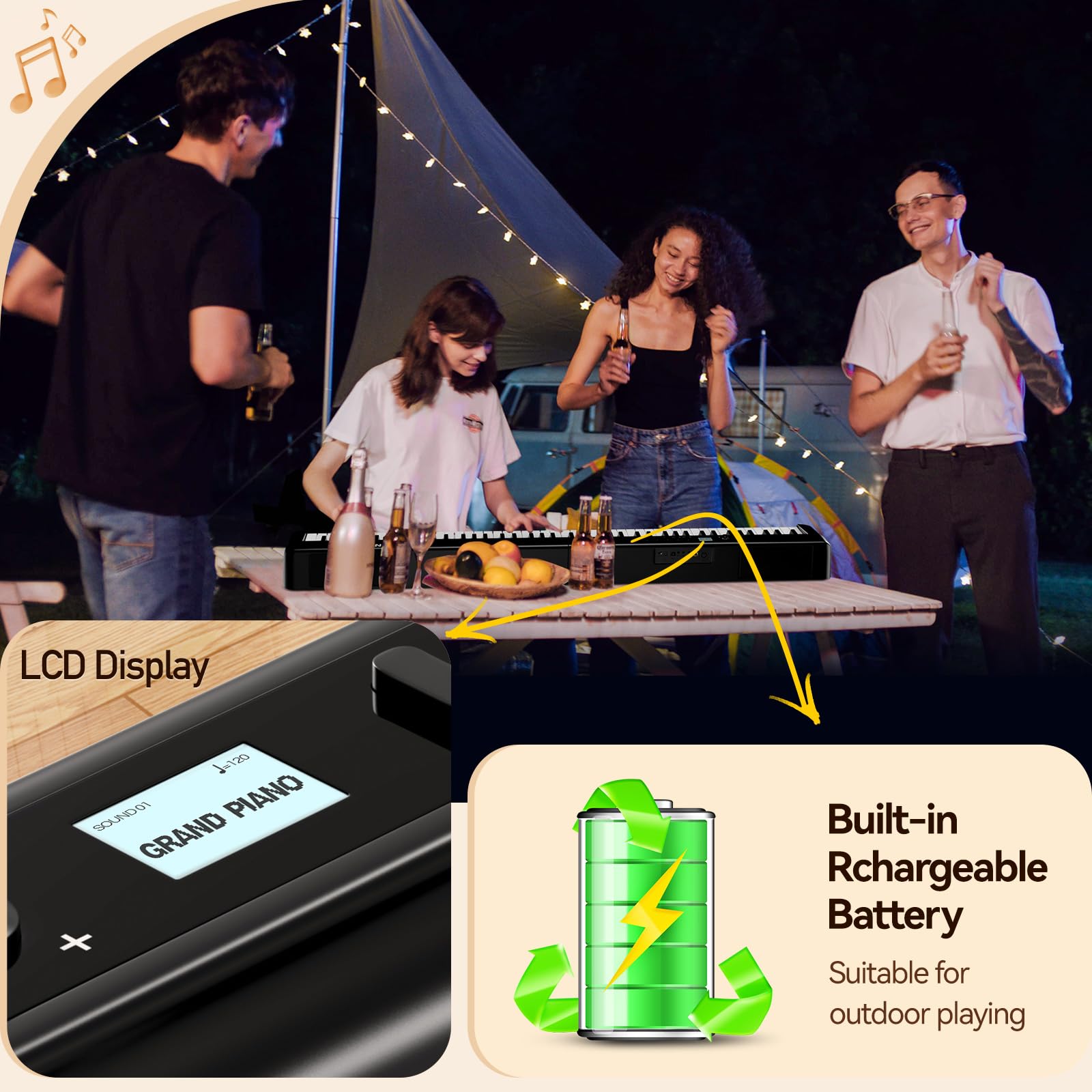 TERENCE E Piano 88 Tasten Faltbares Digital Piano mit 2000mAh Batterie unterstützung MIDI-USB Audio-Bluetooth mit 2x25W Lautsprecher Sustain Pedal Notenständer Aufkleber Audiokabel Kopfhörer