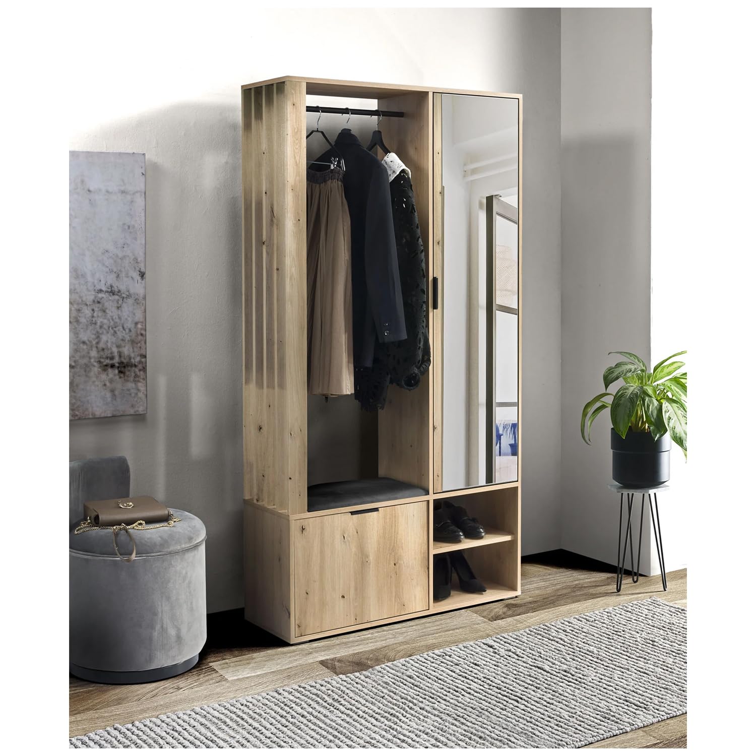 MEBLINI Garderobenschrank Flur mit Spiegel - Garderobe Schrank - Flurgarderobe schmal - Garderobe Flur Möbel Set - Flurschrank hoch - Milano - 100x33x190cm R/L - Artisan Eiche mit Sitzbank