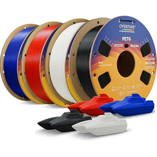 OVERTURE PETG Filament 1.75mm Bundle 4kg, High Speed 3D Printer Filament, Neatly Wound & Clog-Free, 4 Pack 1kg(2.2lbs), Accuracy +/- 0.02mm, Fit Most FDM Printers (Black+White+Red+Blue)