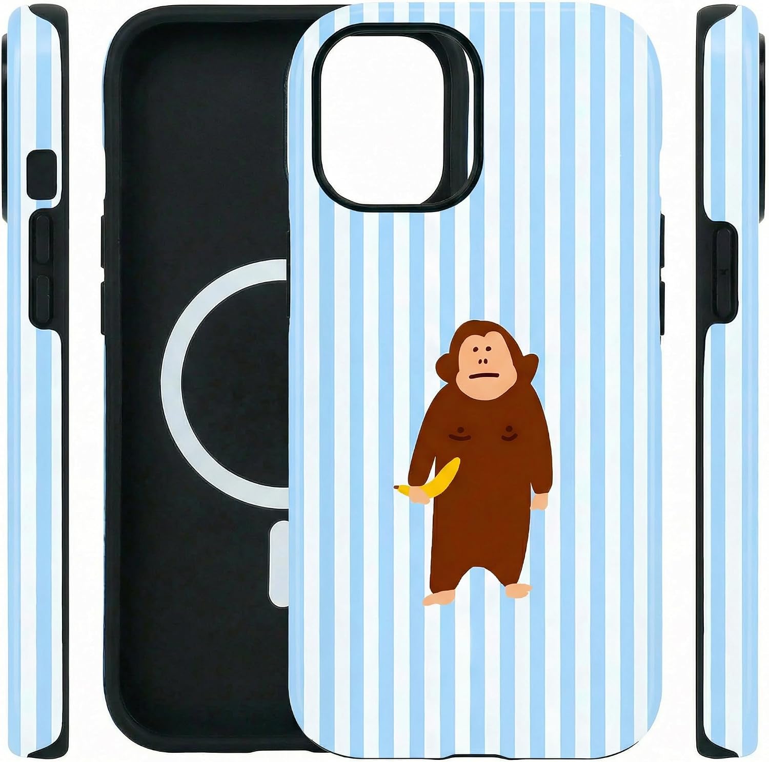 for iPhone 14 Case, Compatible with Wireless Charging, Vintage Cute Monkey Banana Striped Aesthetic Phone Case (Monkey, for iPhone 14)