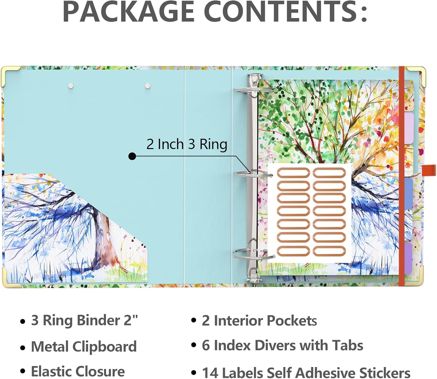 3 Ring Binder 2 Inch Ring, 2 Interior Pockets, 6 Tab Dividers, Low Profile Clipboard with Storage, Fashion Cute Binder and Labels Stickers for School Office (Tree Seasons)