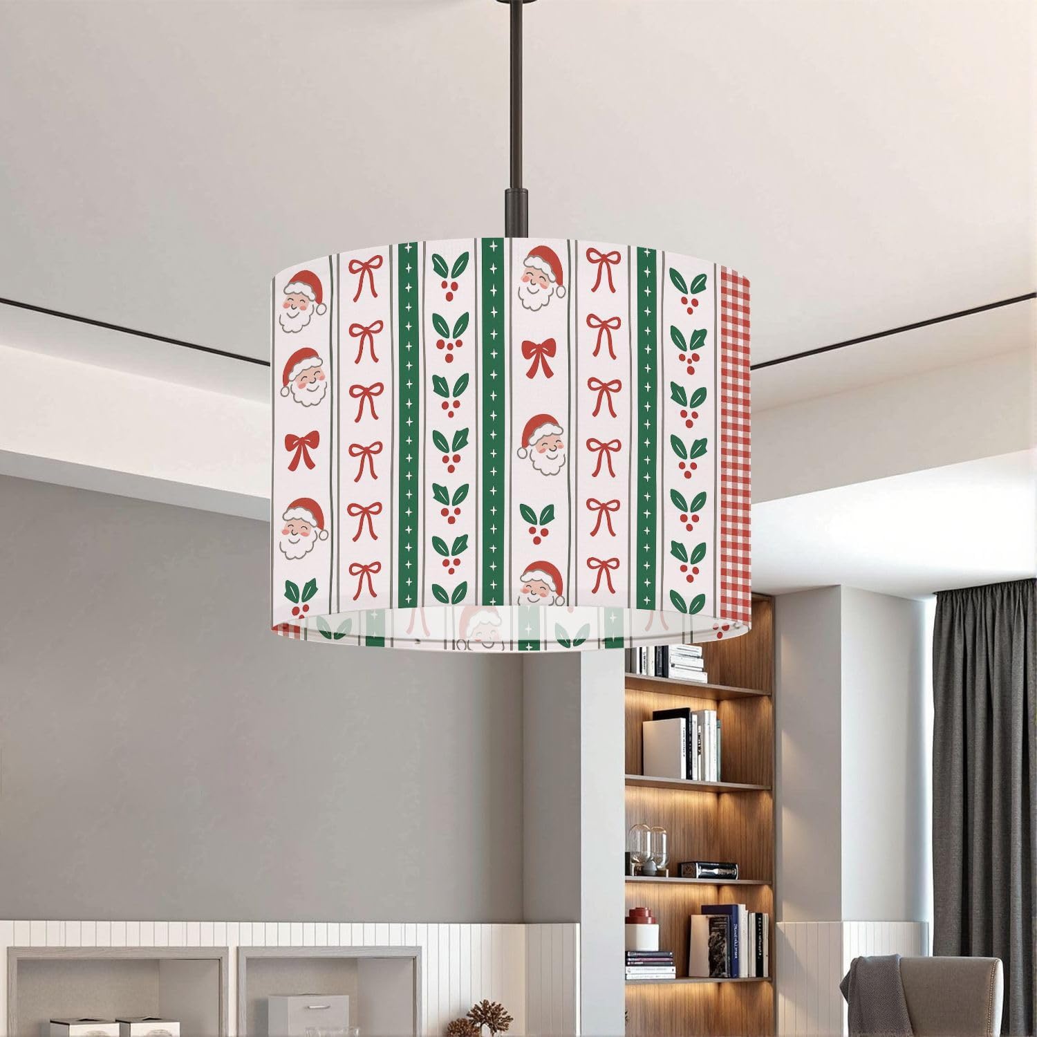 Lampshades Lamp Shades Boho 1 Pack Christmas Themed Stripes Santa Faces Red Bows Green Holly Leaves Light Shade for Table Lamps Floor Lamps Drum Lamp Shades Lampshade Replacement