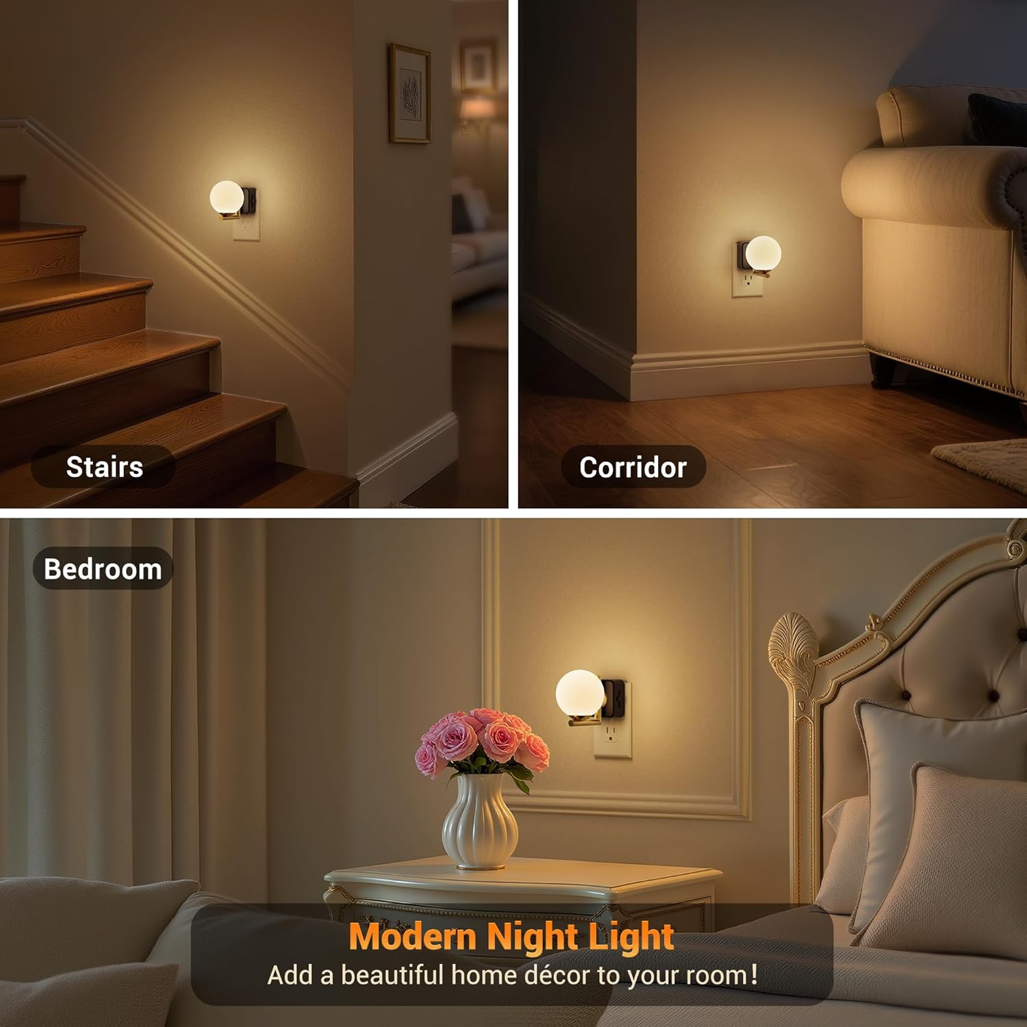 JandCase LED Night Light, 3000K Warm Night Lights Plug into Wall [2 Pack], 0-100LM Dimmable Night Lights with Dusk to Dawn Light Sensor, Plug in Nightlights for Bathroom Bedroom