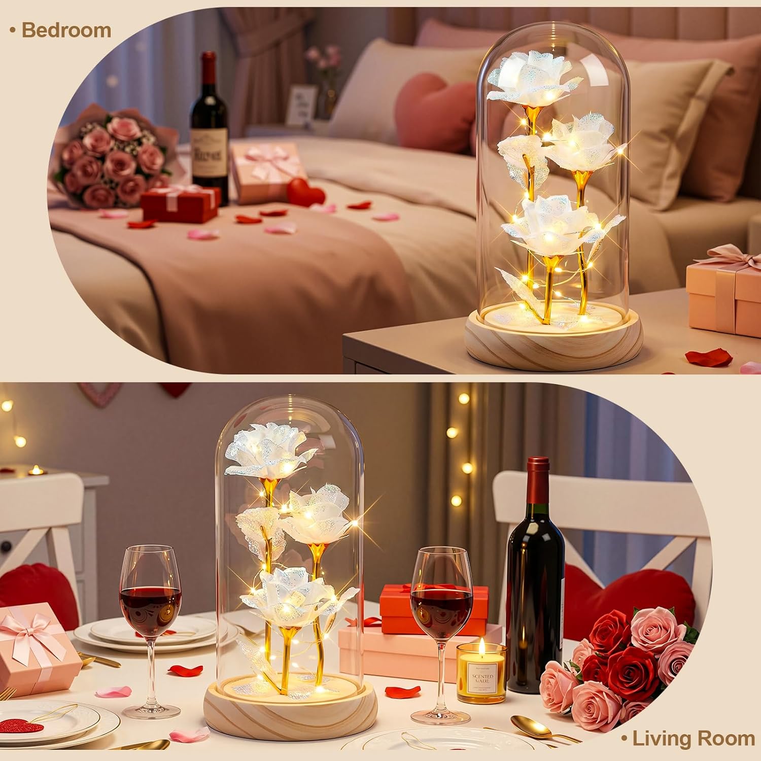 Otlonpe Forever Preserved Glass Roses Flowers with Light, Birthday Valentines Day Womens Gifts for Her, Mom Grandma Girlfriend Wife Sister Gifts for Christmas Valentines Mothers Day, 7.8-inch (White) - Image 4