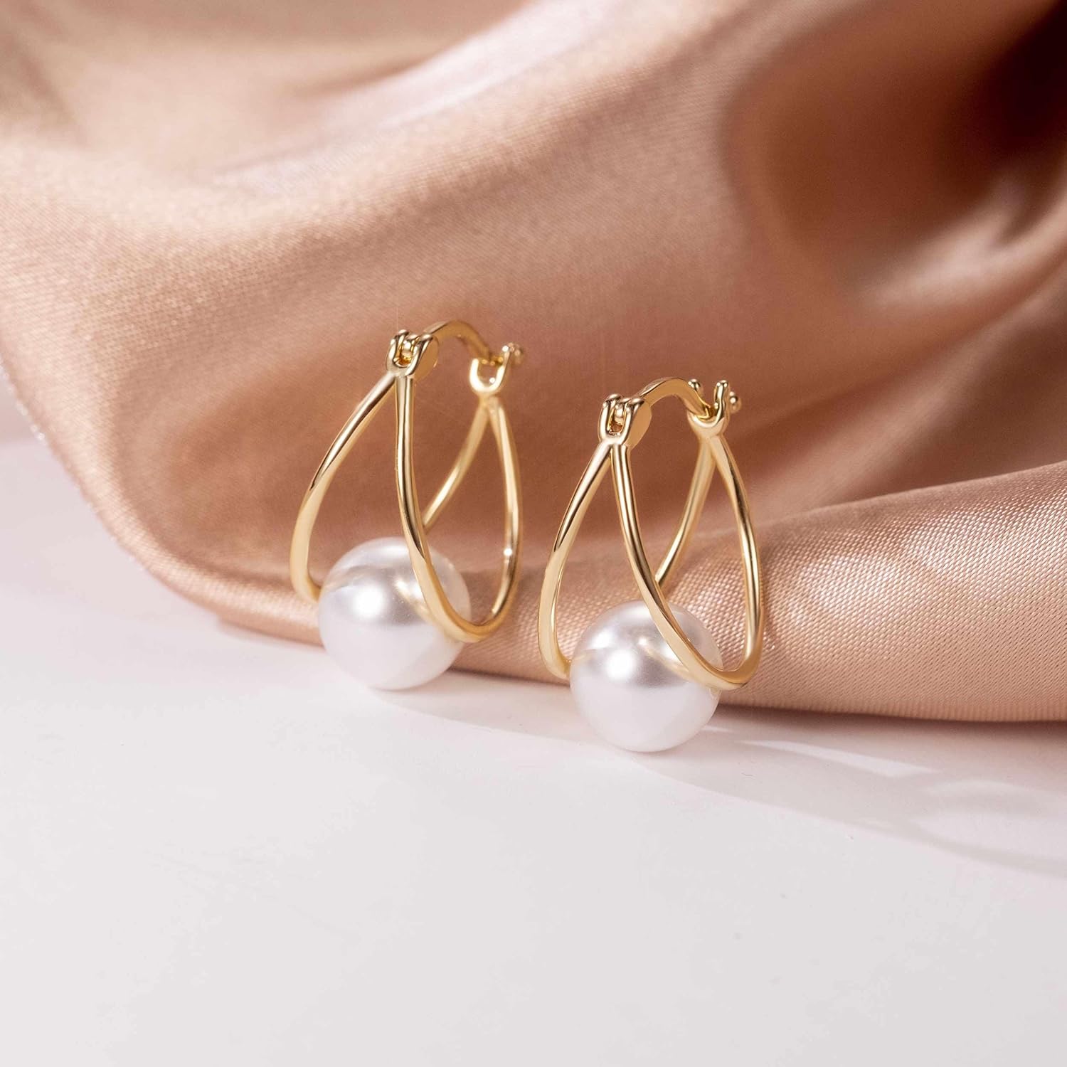 ESSIE ODILA Pearl Earrings for Women 14K Gold Earrings for Women Gold Hoop Earring for Womens Pearls Hoops Trendy Grey Mystique or White Grace Pearls Drop Dangle Pearl Hoop Earring for Womens 18mm